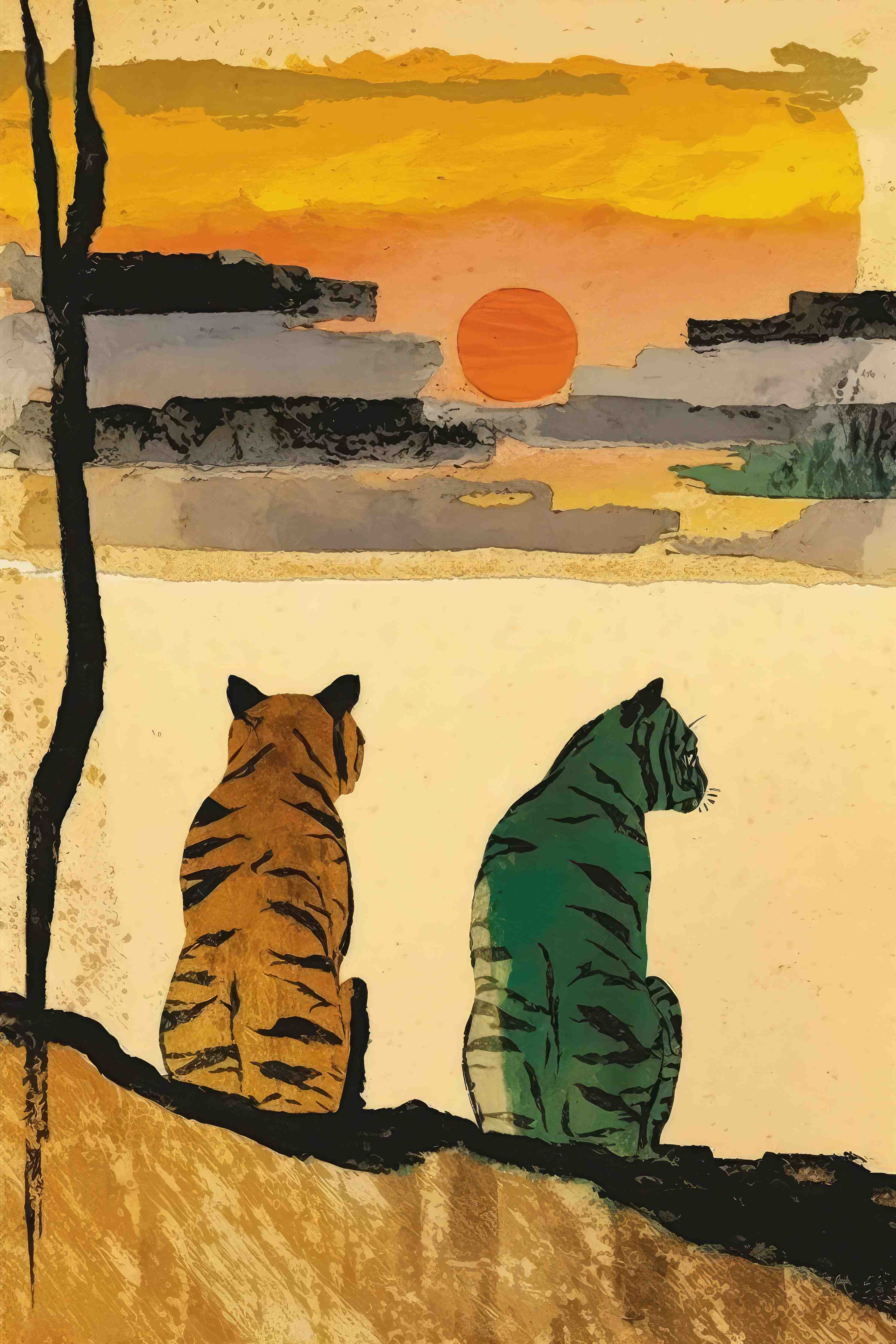Große Wandbilder-Faszinierender Sonnenuntergang mit Tiger-Illustration