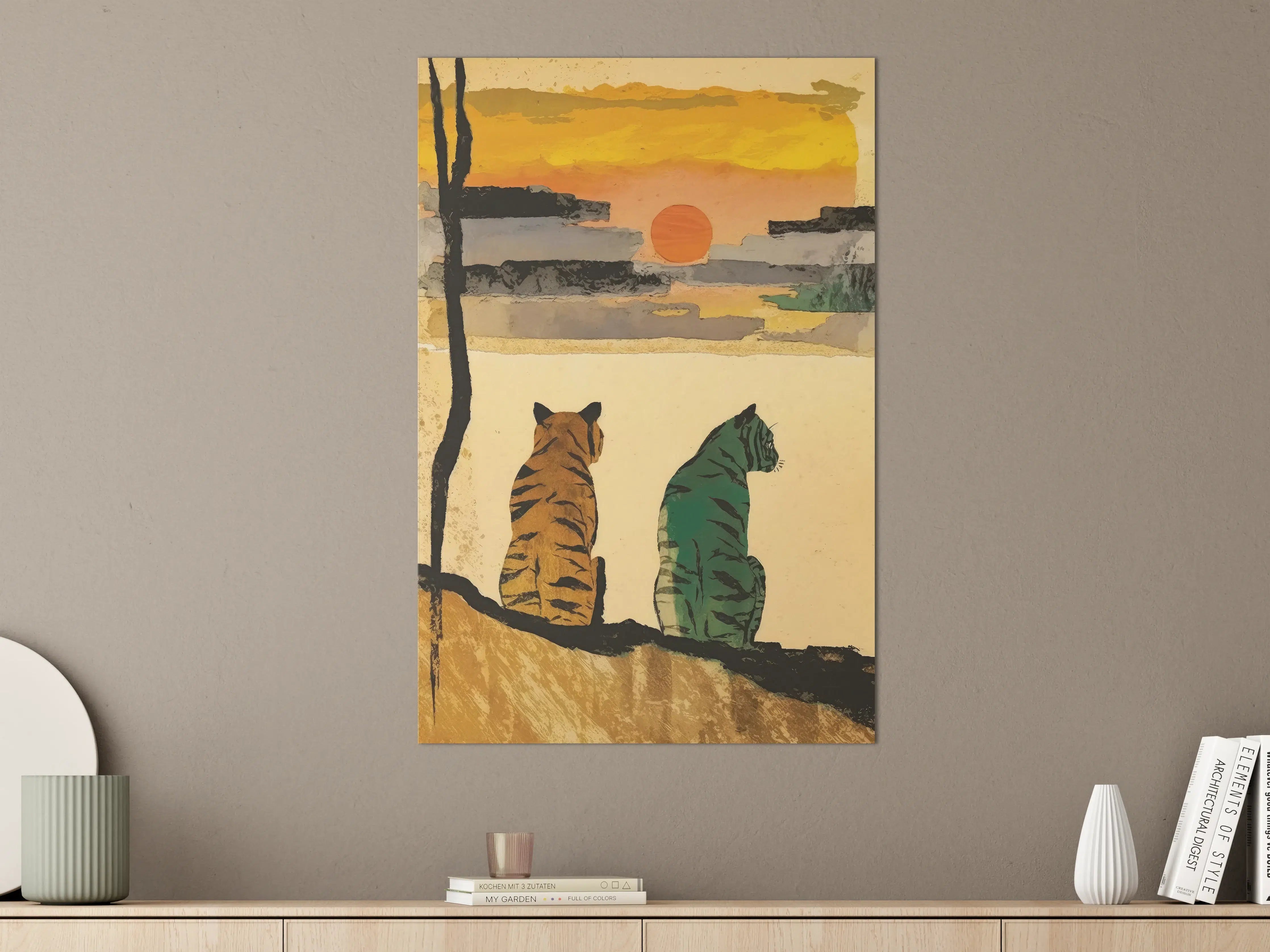 Große Wandbilder - Faszinierender Sonnenuntergang mit Tiger-Illustration