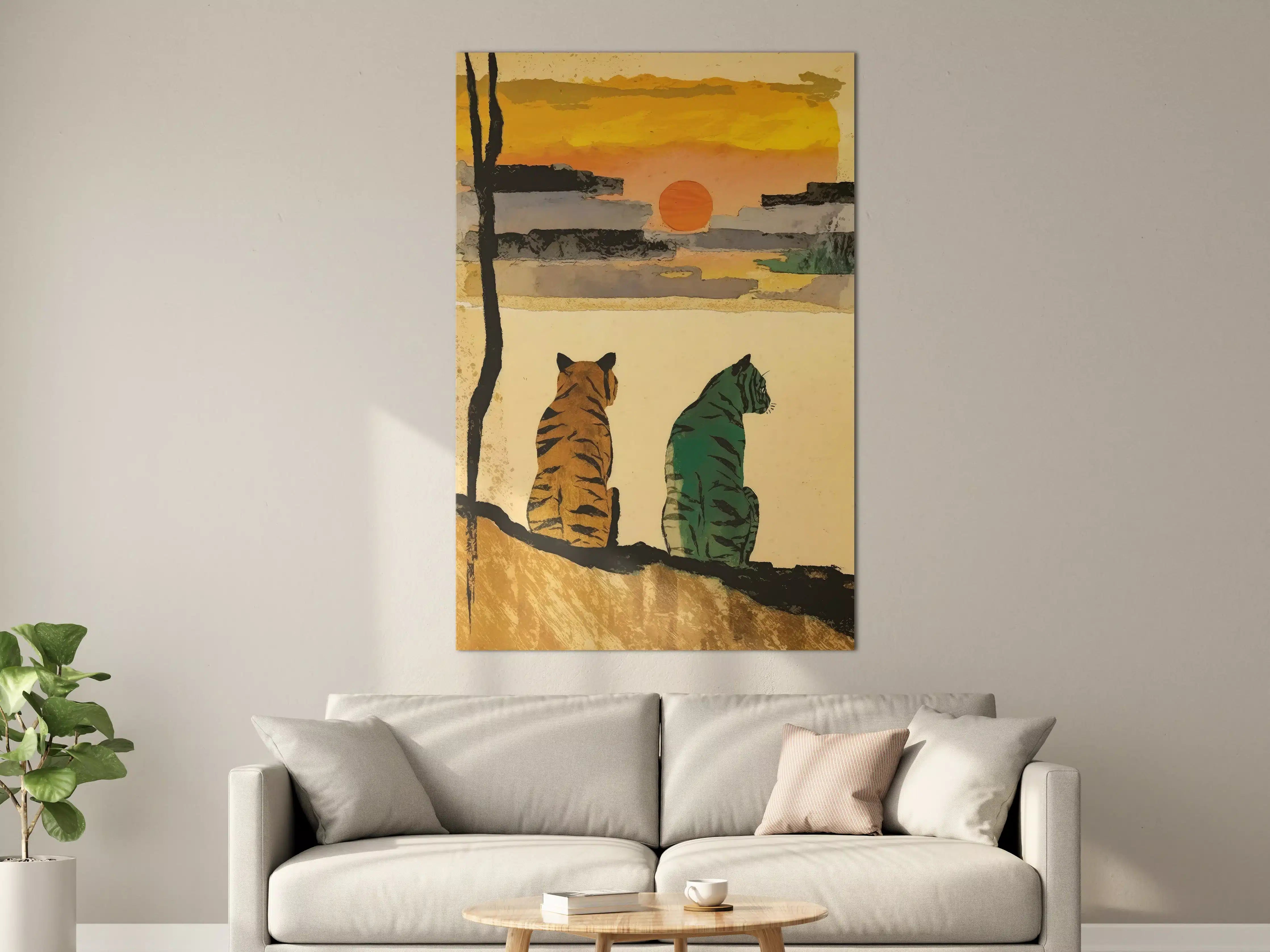 Große Wandbilder - Faszinierender Sonnenuntergang mit Tiger-Illustration