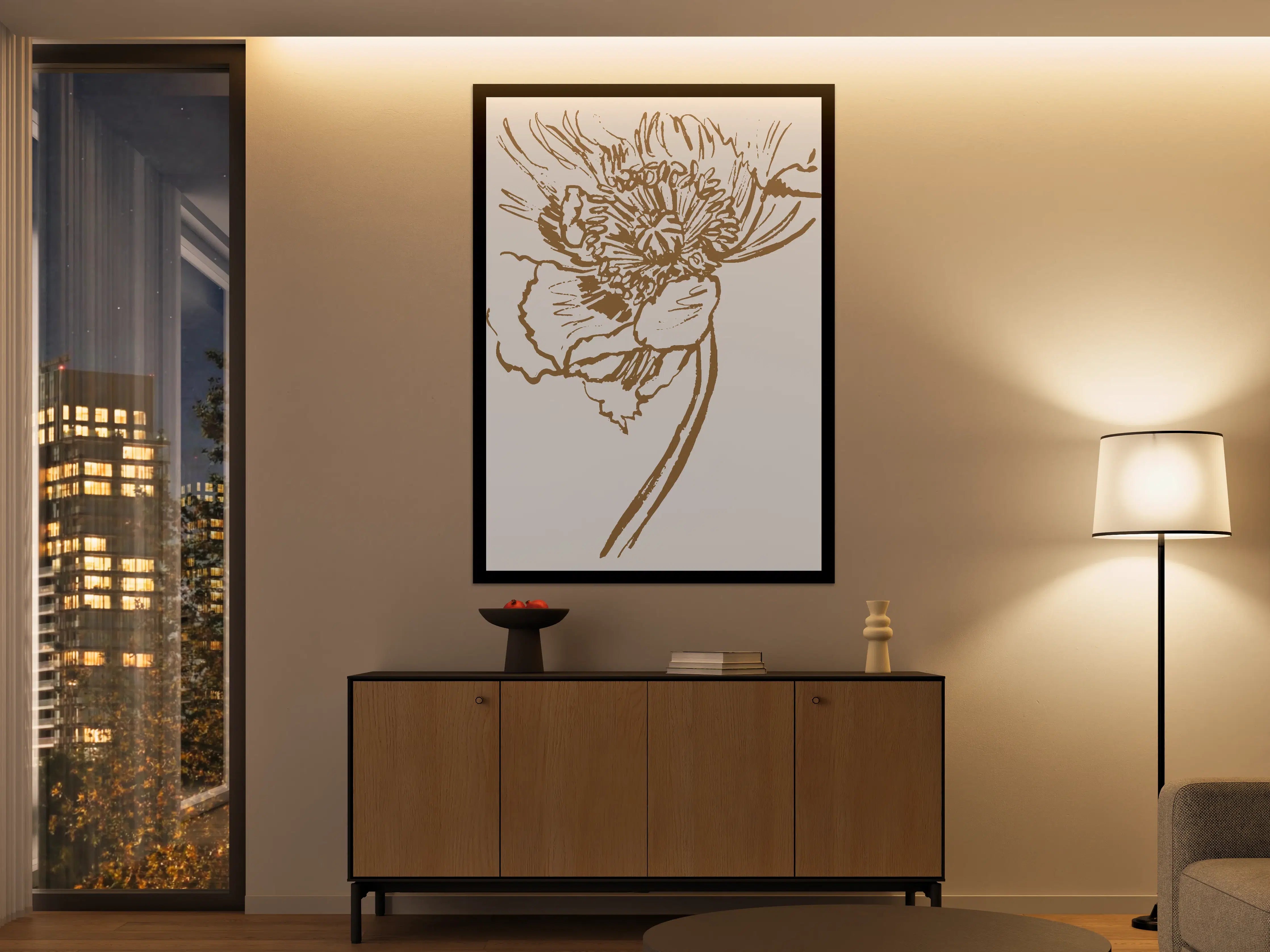 Große Wandbilder - Feine Linienzeichnung einer Blume in Braun