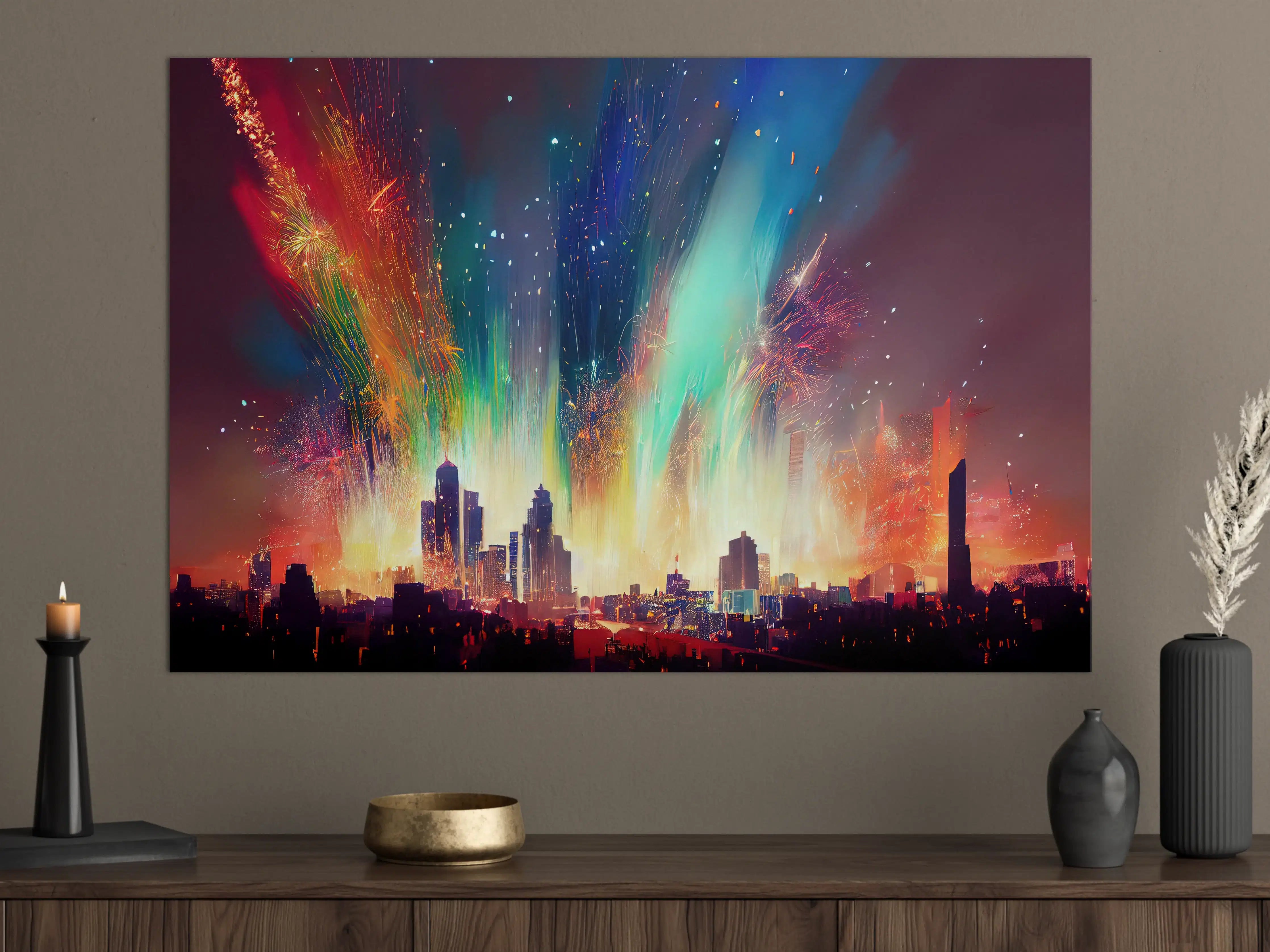 Große Wandbilder - Feuerwerk über Stadt bei Nacht - Illustration