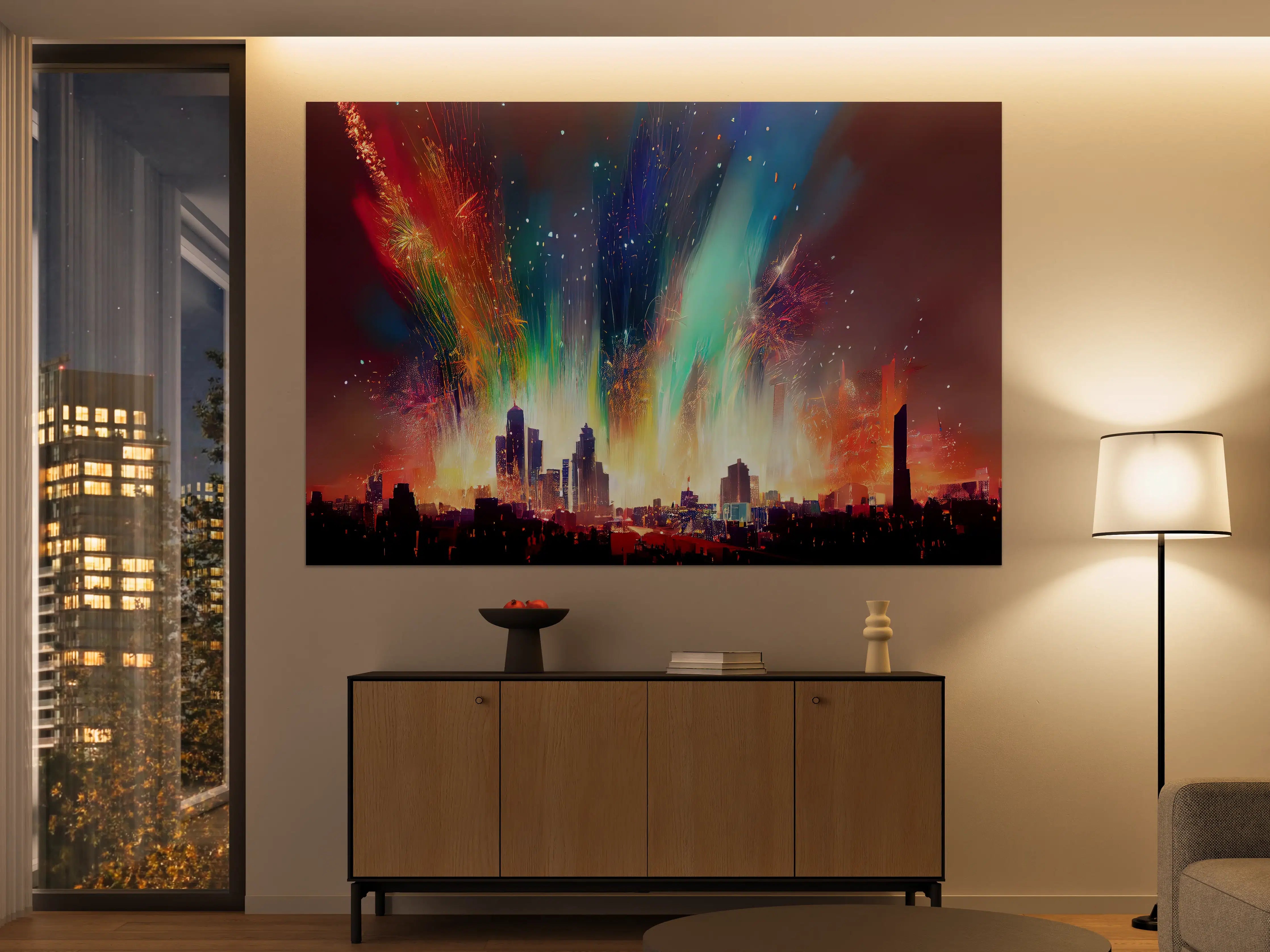 Große Wandbilder - Feuerwerk über Stadt bei Nacht - Illustration