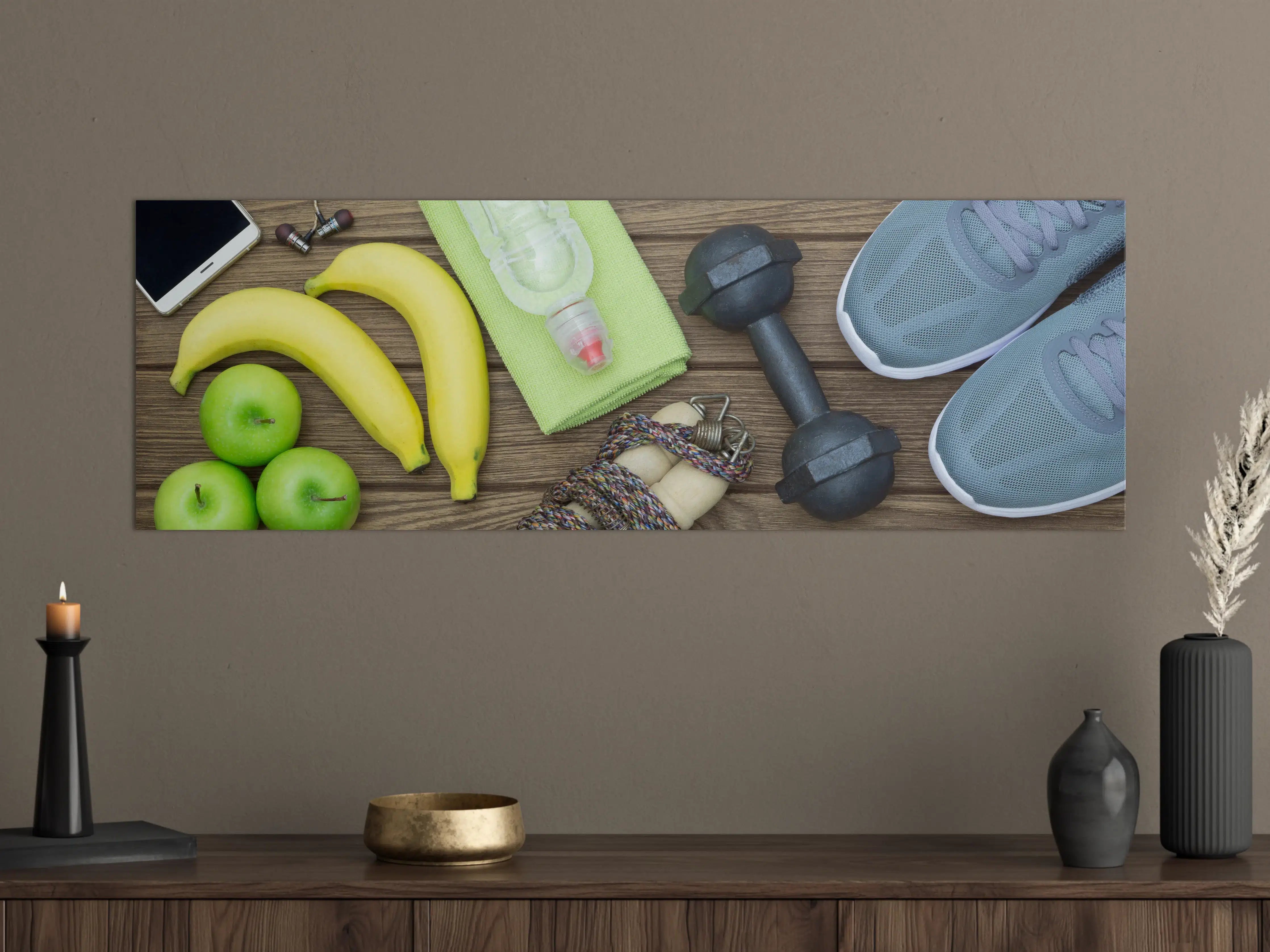 Große Wandbilder - Fitness- und Gesundheitsszene mit Bananen und Hanteln