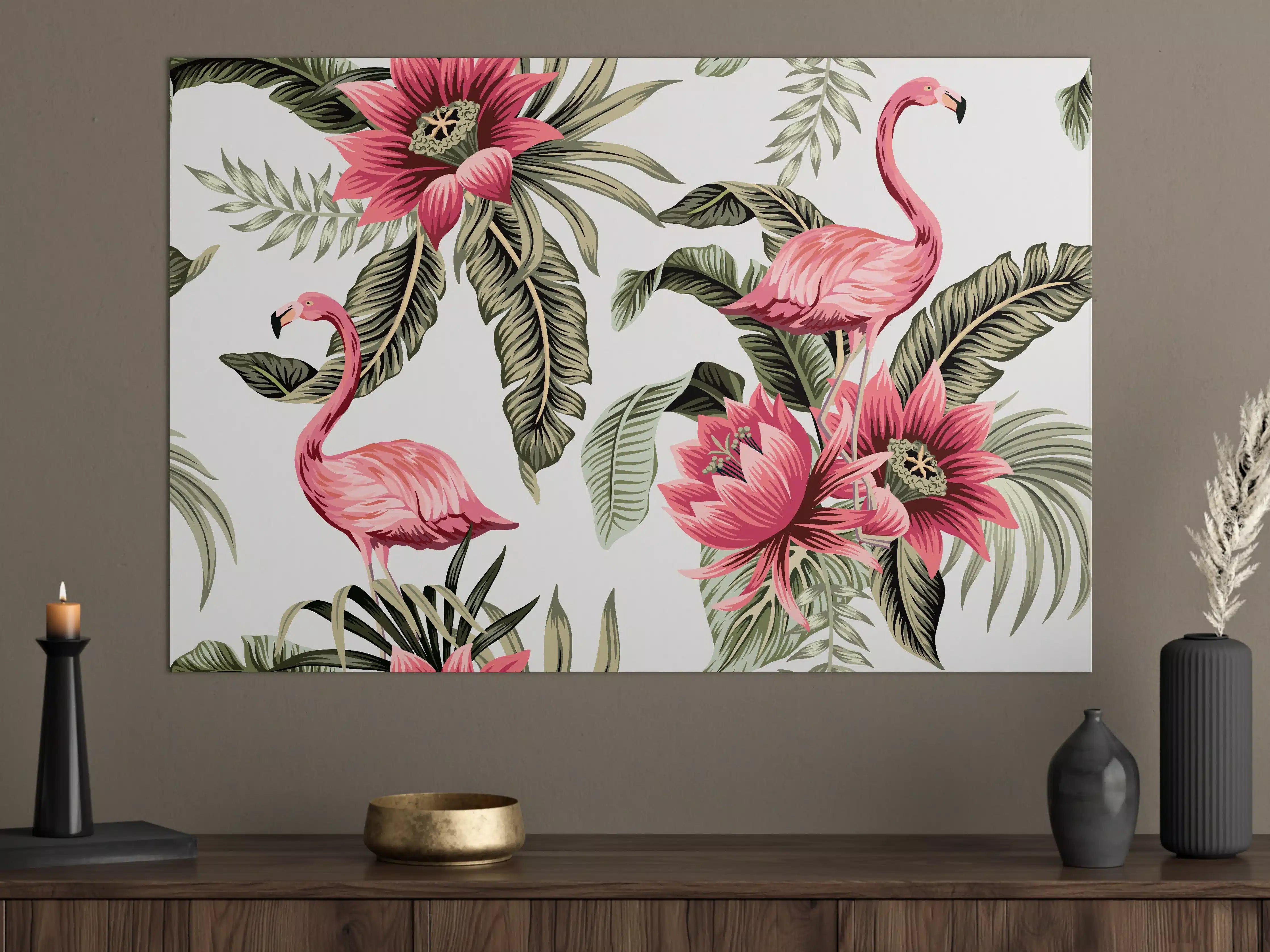 Große Wandbilder - Flamingo & Tropenblumen Muster