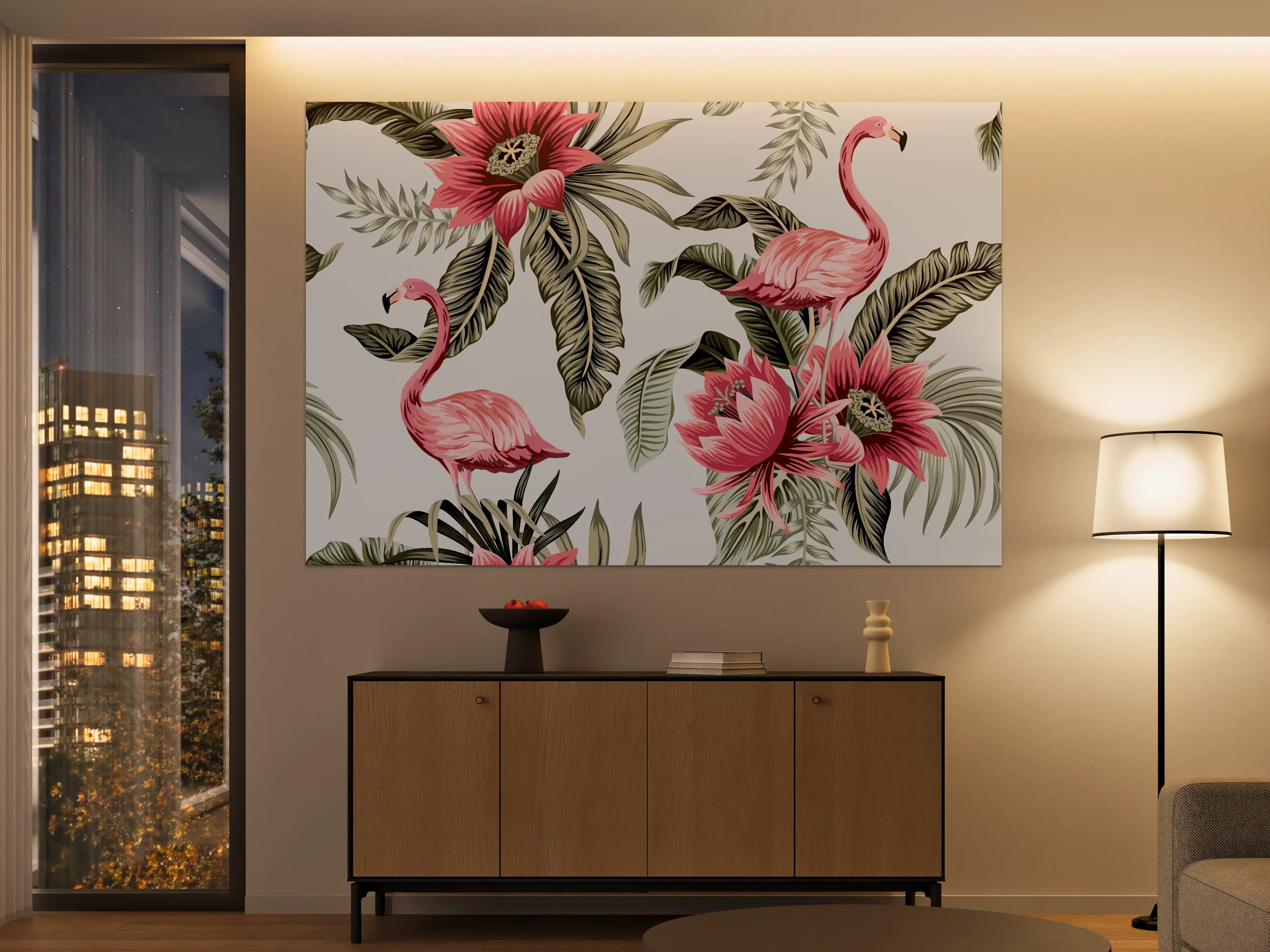Große Wandbilder - Flamingo & Tropenblumen Muster