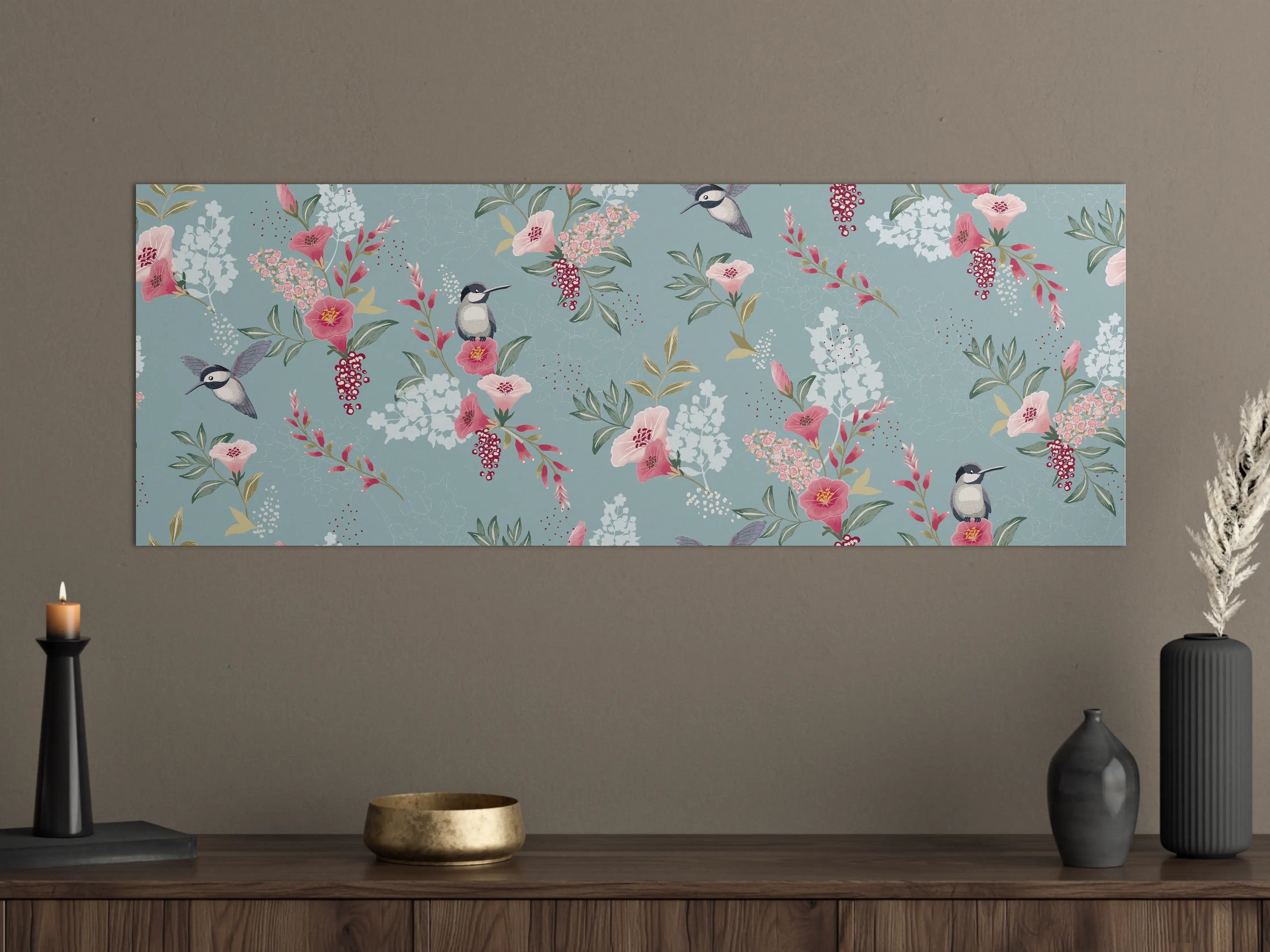 Große Wandbilder - Floral-Bird-Muster Blaugrau