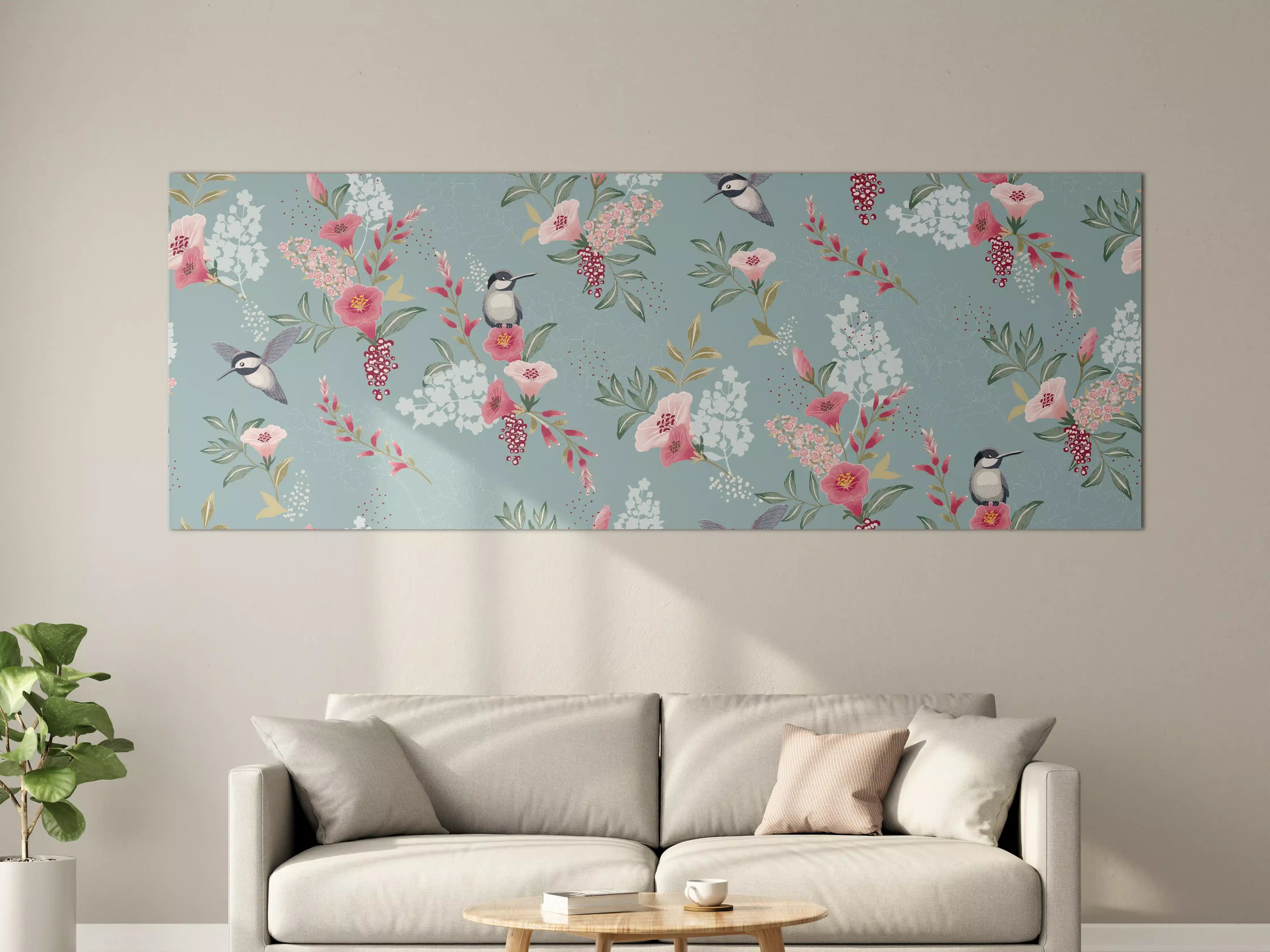 Große Wandbilder - Floral-Bird-Muster Blaugrau