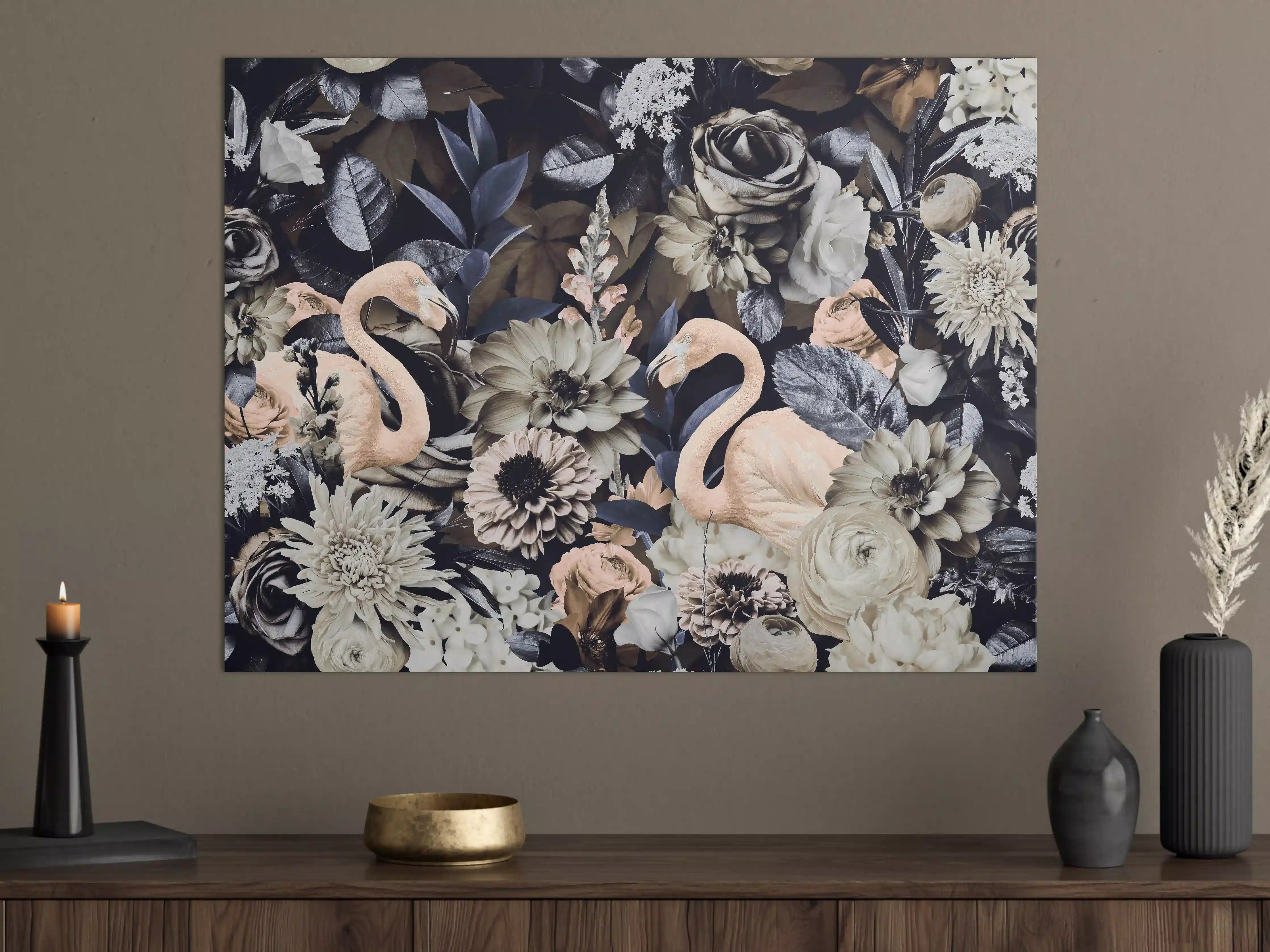 Große Wandbilder - Floral-Flamingo Muster Grau-Weiß