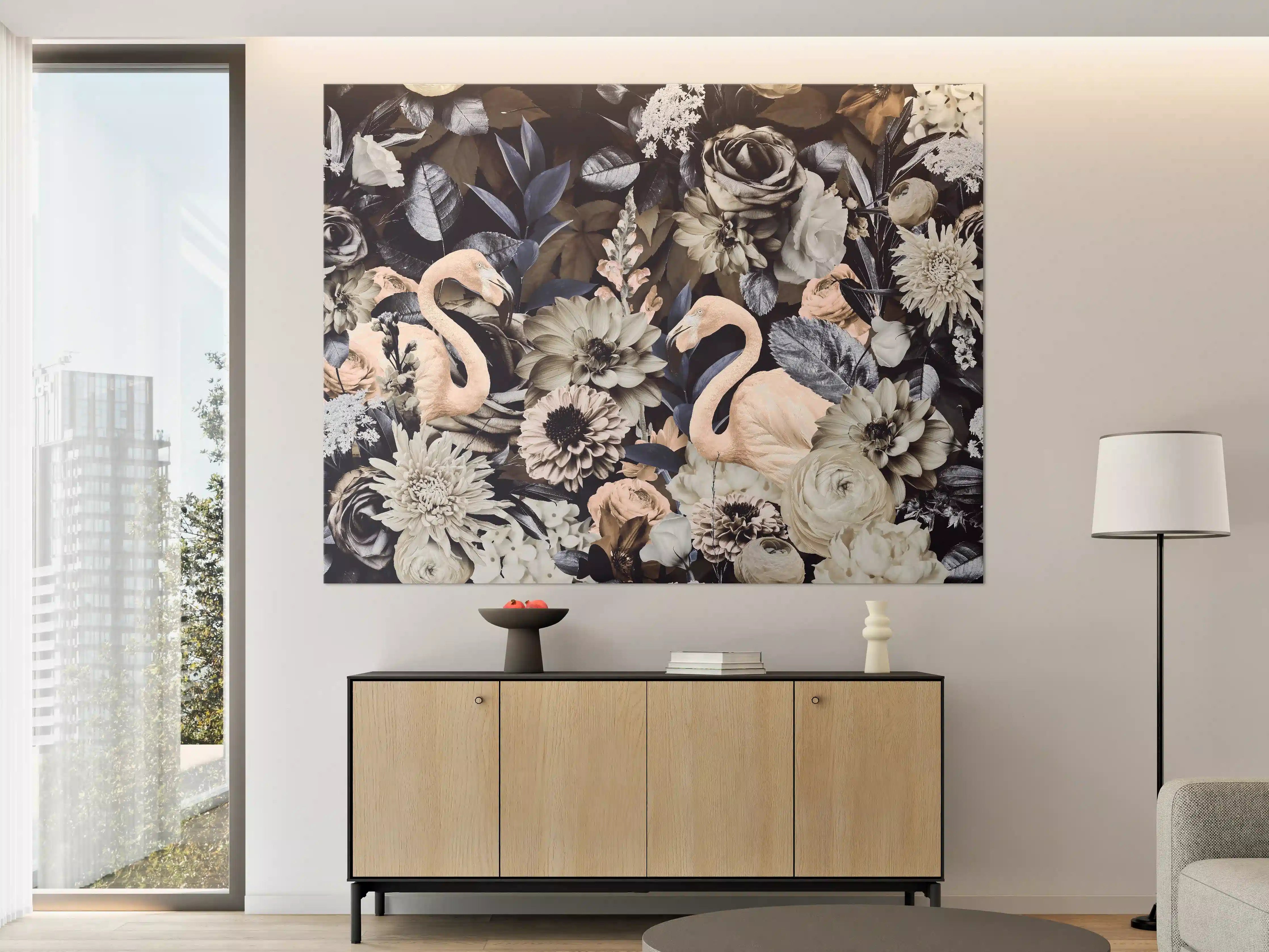 Große Wandbilder - Floral-Flamingo Muster Grau-Weiß