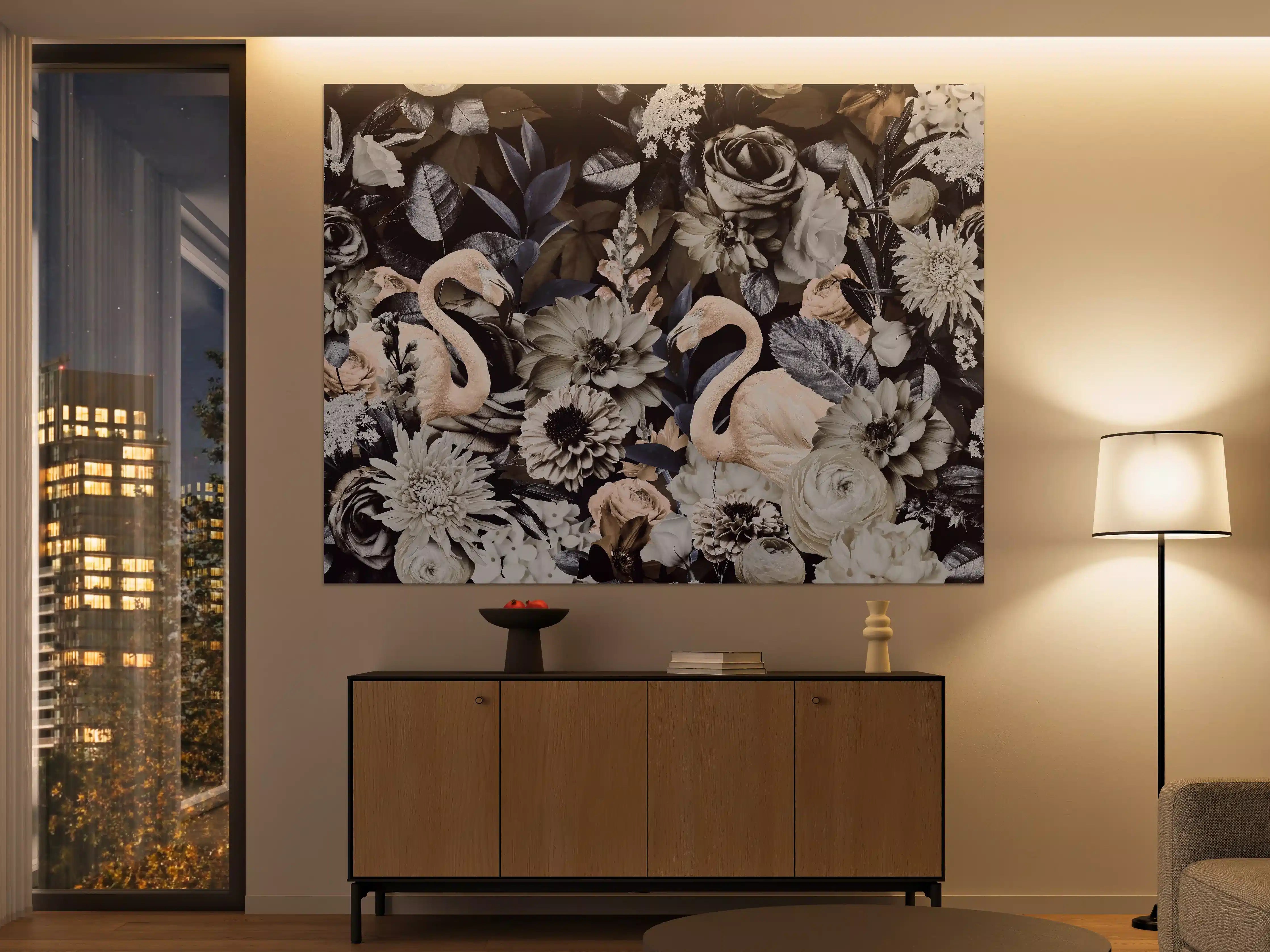 Große Wandbilder - Floral-Flamingo Muster Grau-Weiß