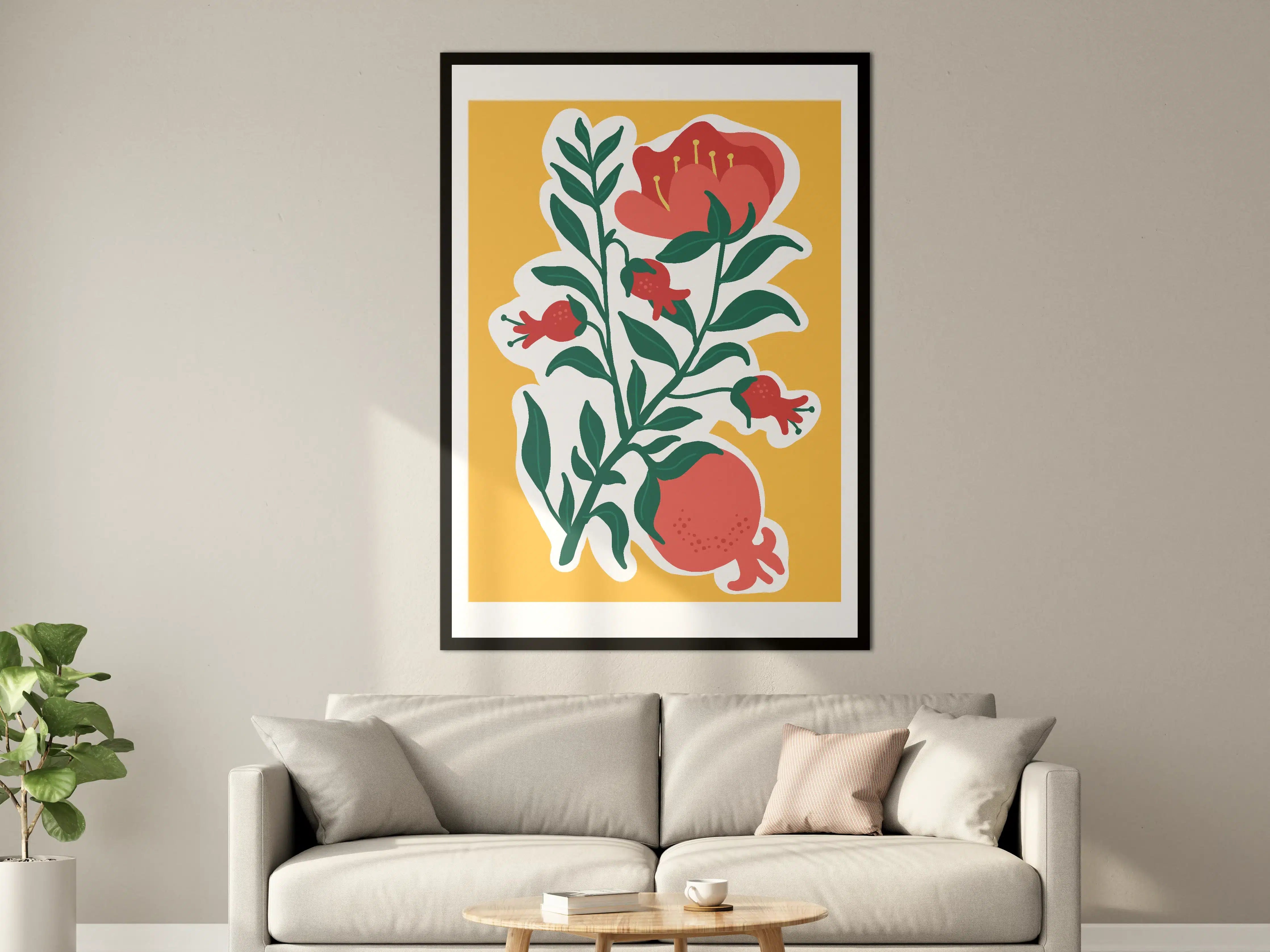 Große Wandbilder - Florale Illustration mit Pomegranate, Hibiskus und Fischen