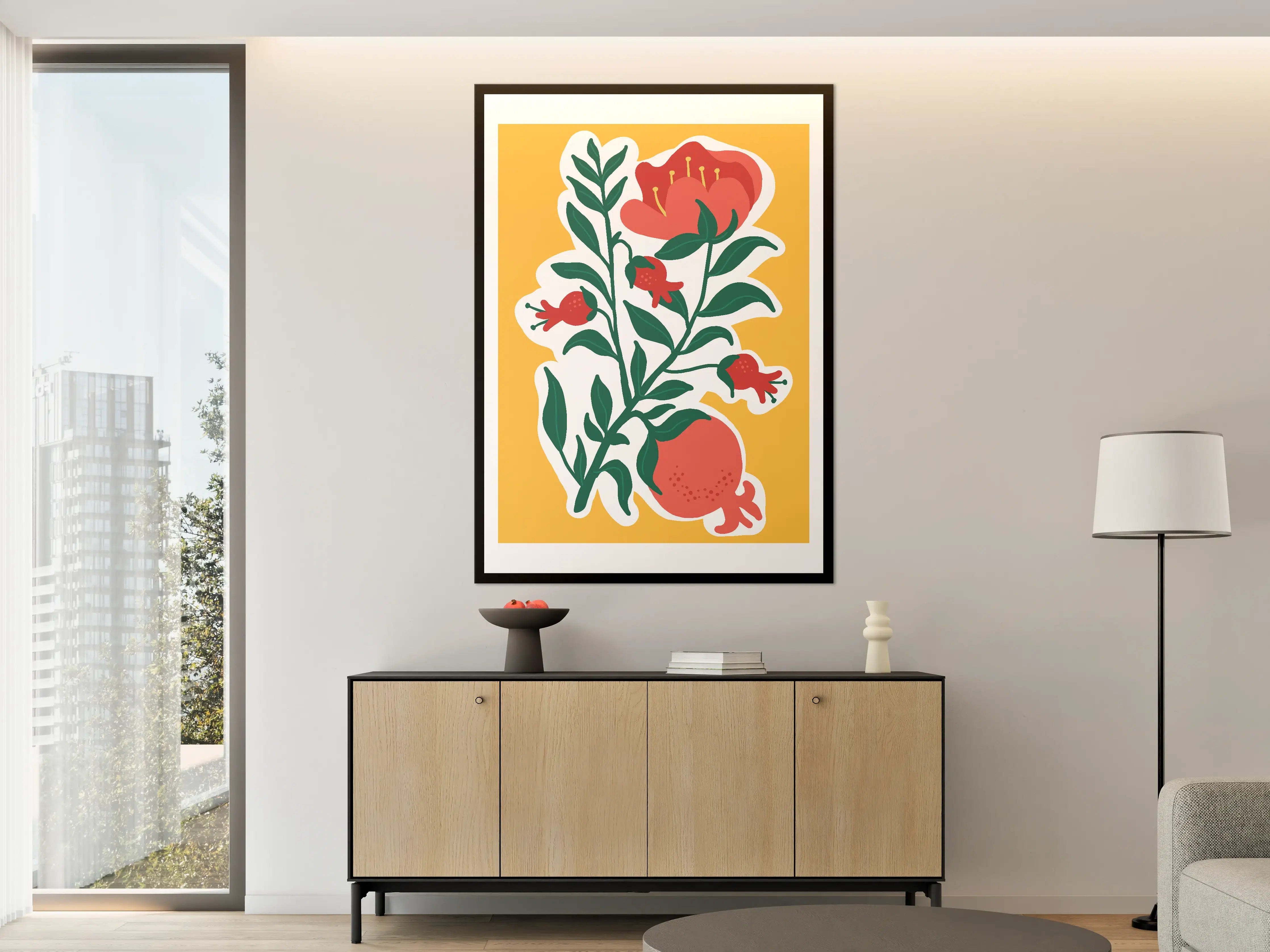 Große Wandbilder - Florale Illustration mit Pomegranate, Hibiskus und Fischen