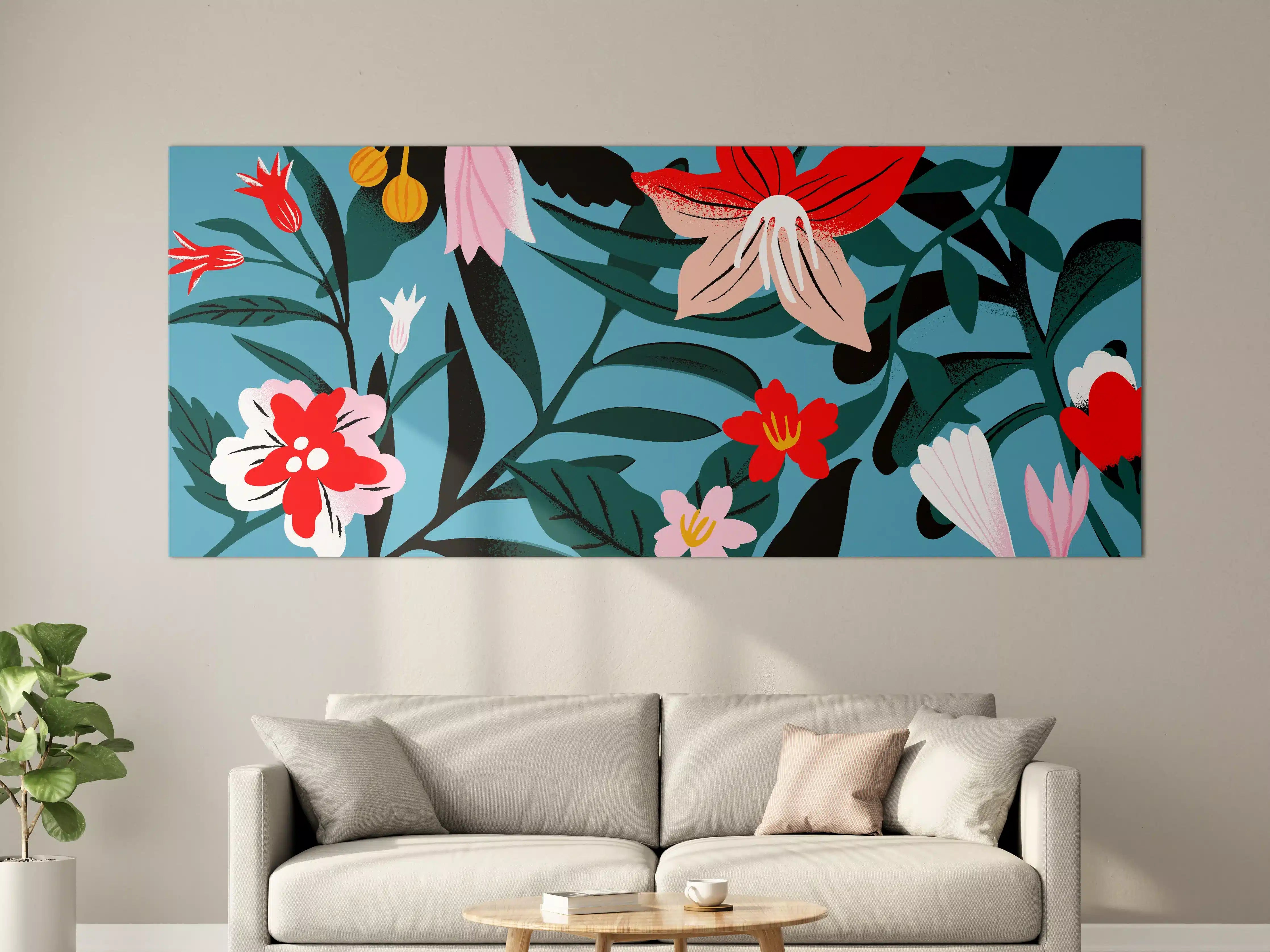 Große Wandbilder - Florales Blau-Rot Muster