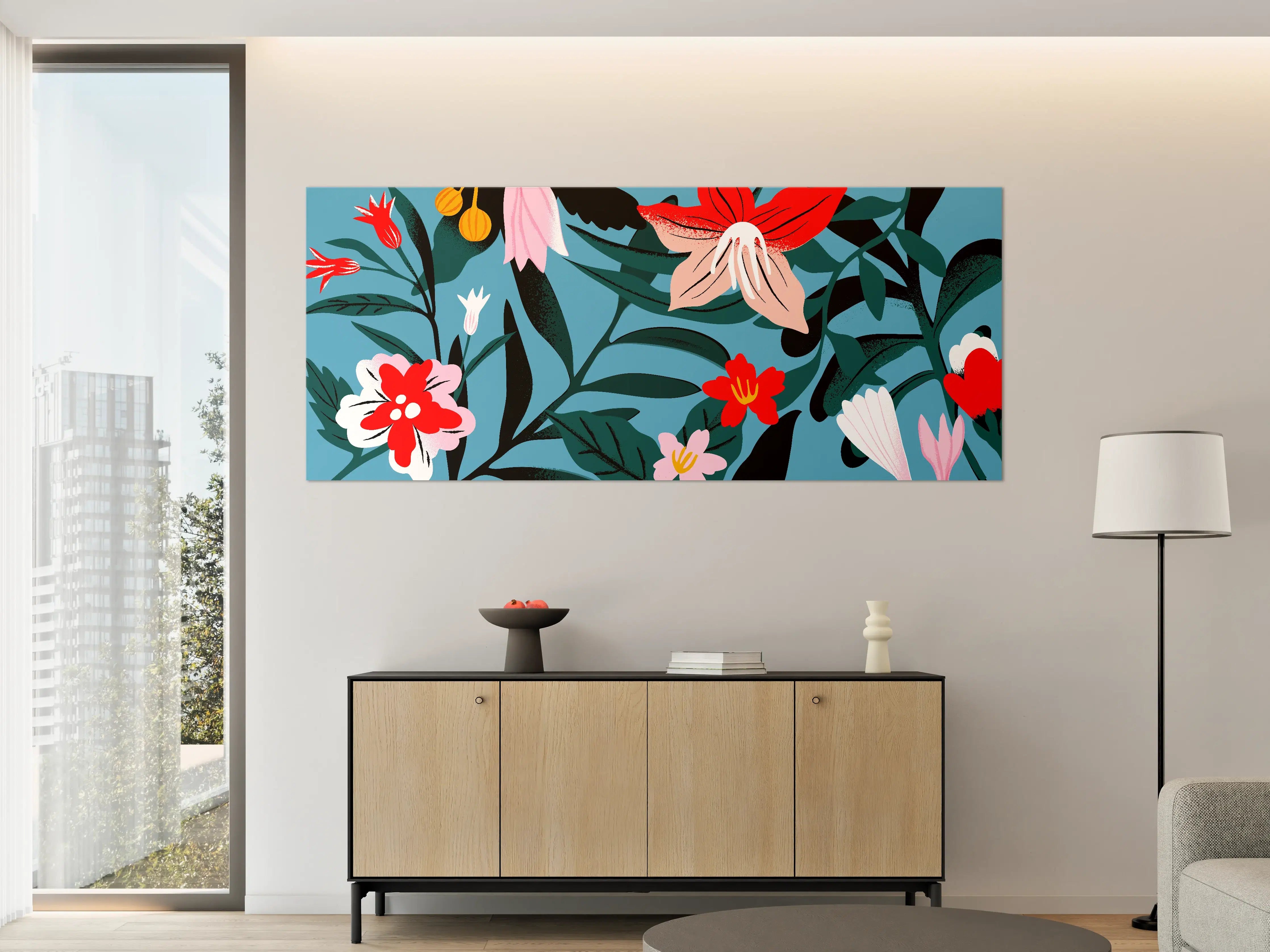 Große Wandbilder - Florales Blau-Rot Muster