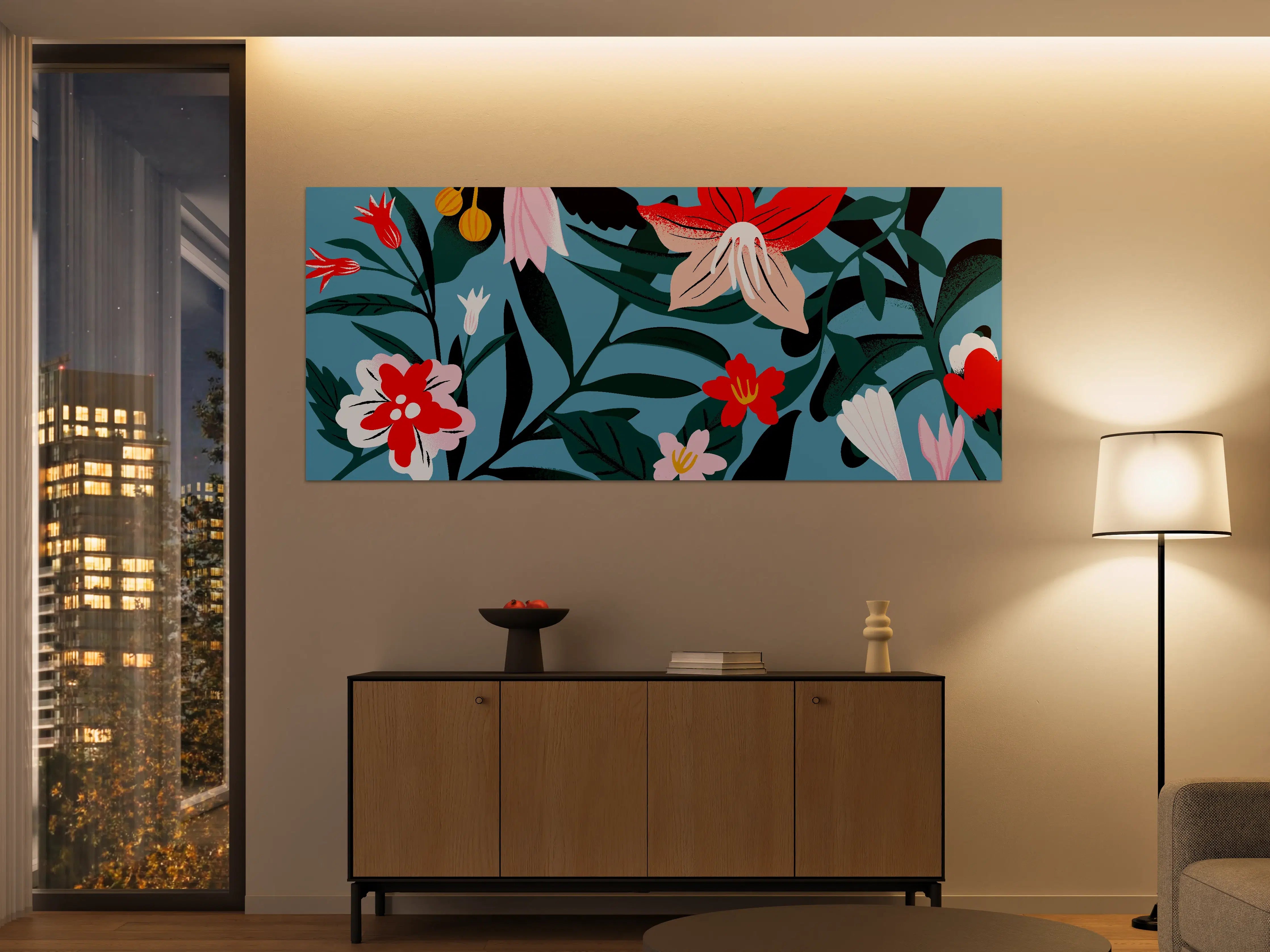Große Wandbilder - Florales Blau-Rot Muster