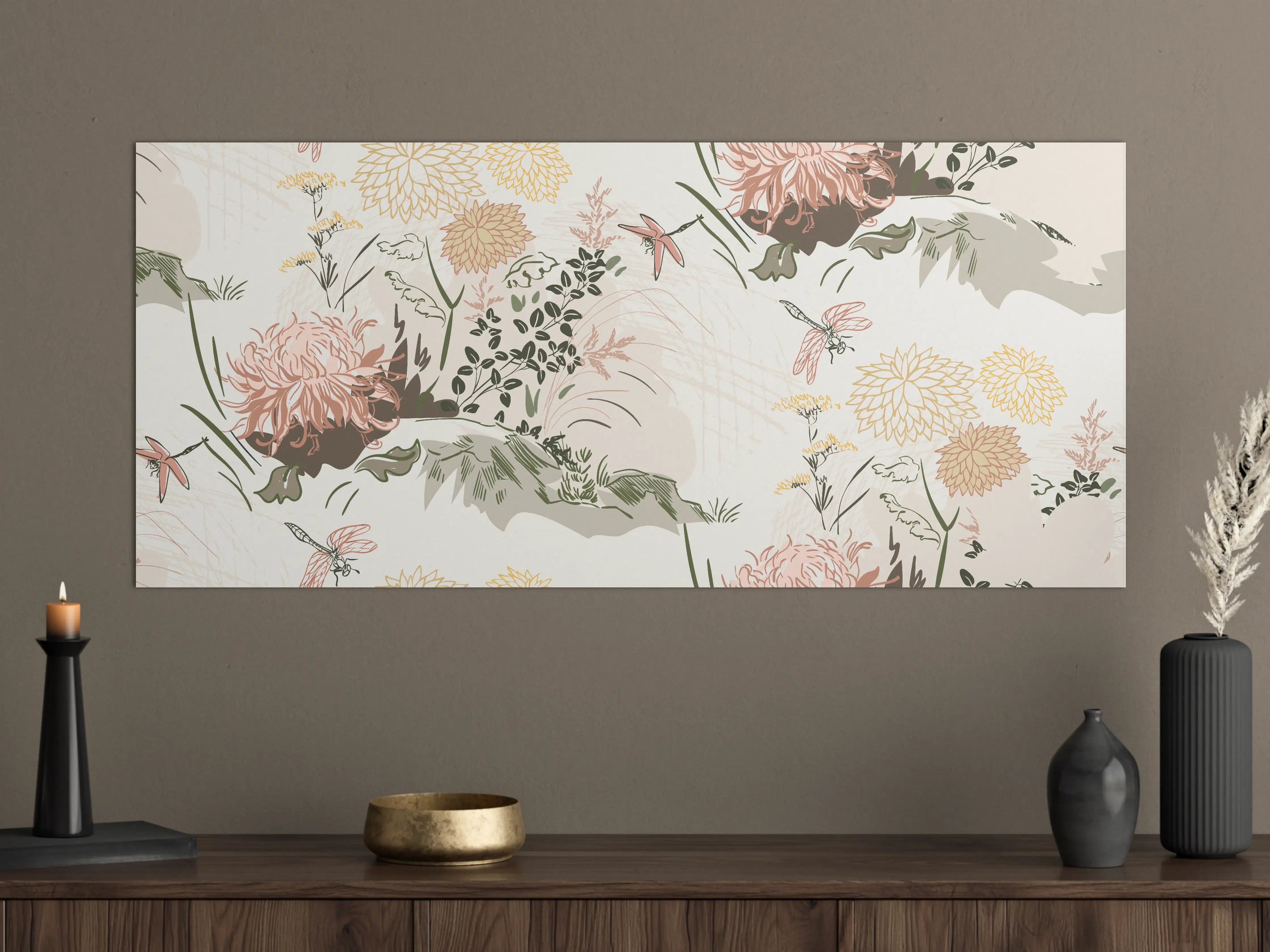 Große Wandbilder - Florales Muster Beige-Grün-Rosa