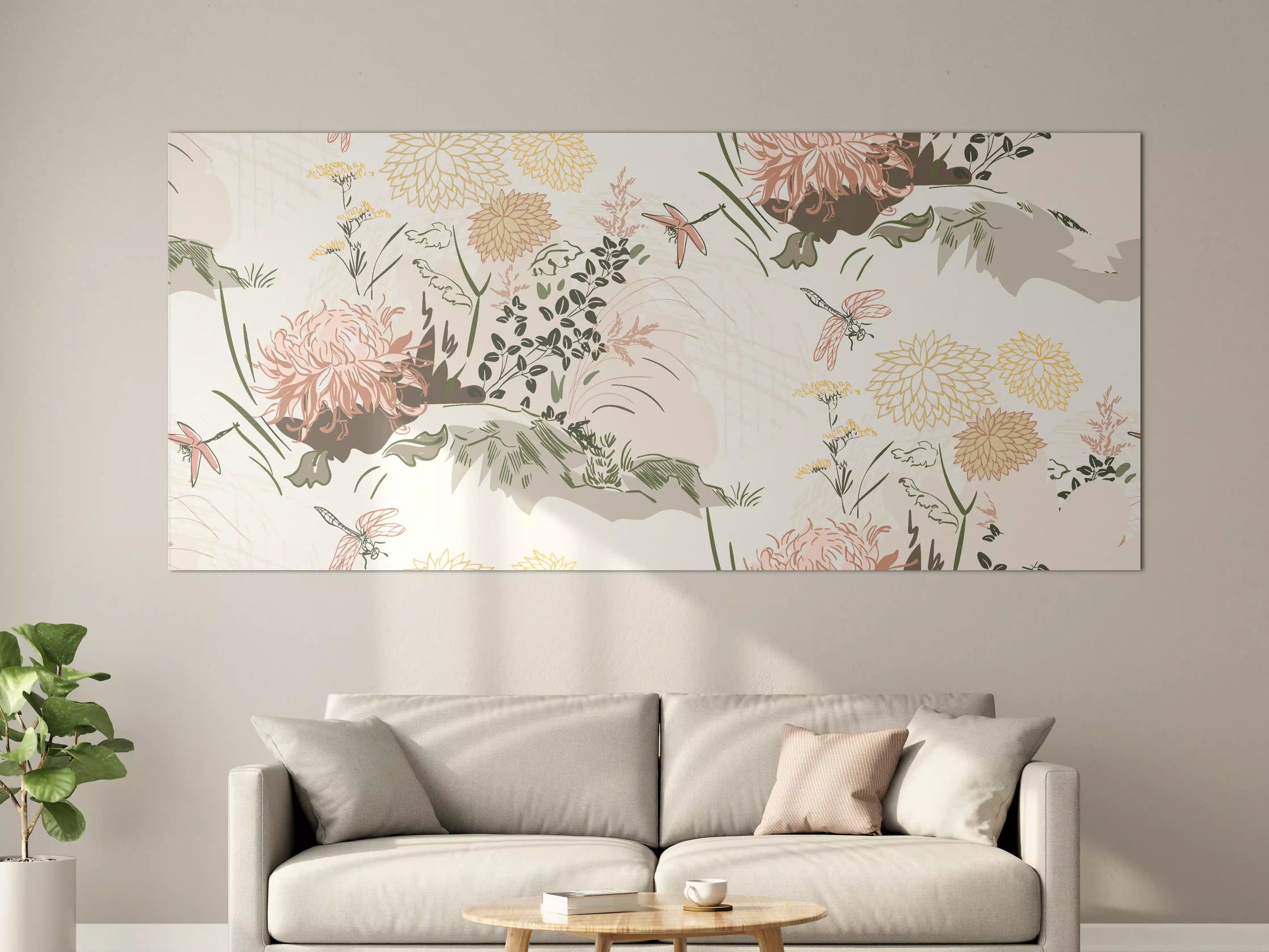 Große Wandbilder - Florales Muster Beige-Grün-Rosa