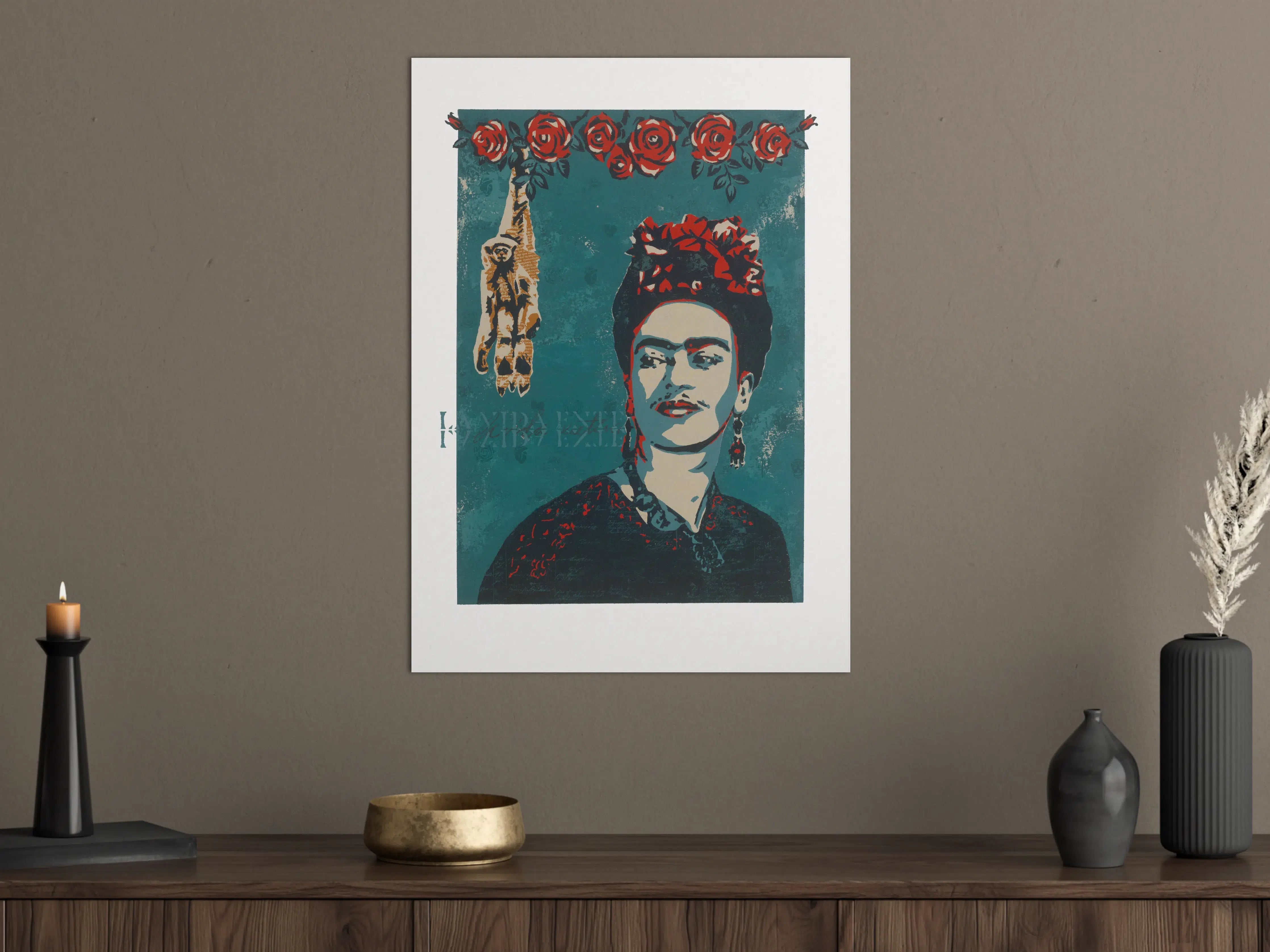 Große Wandbilder - Frida Kahlo Porträt mit Blumenkranz