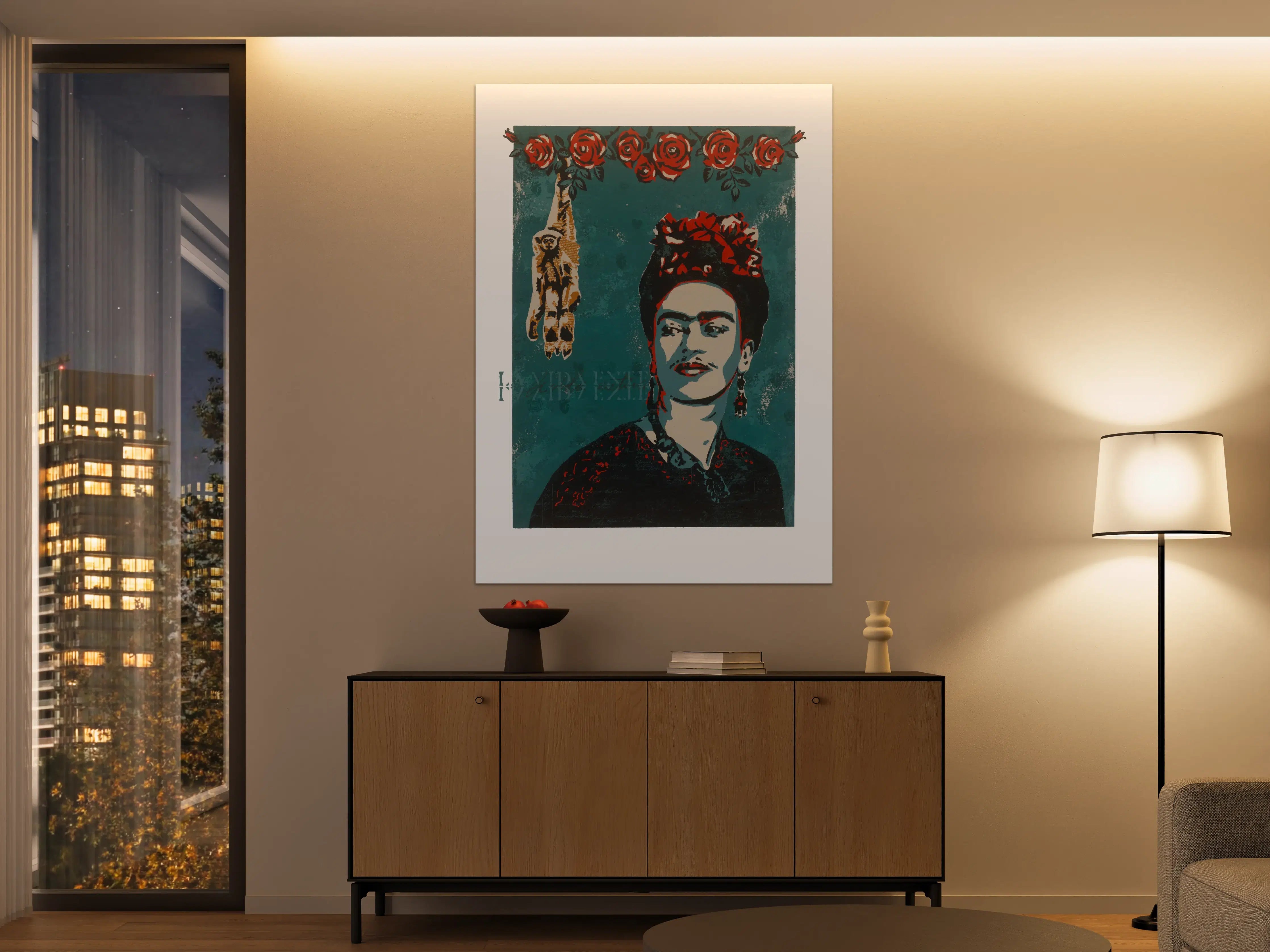Große Wandbilder - Frida Kahlo Porträt mit Blumenkranz
