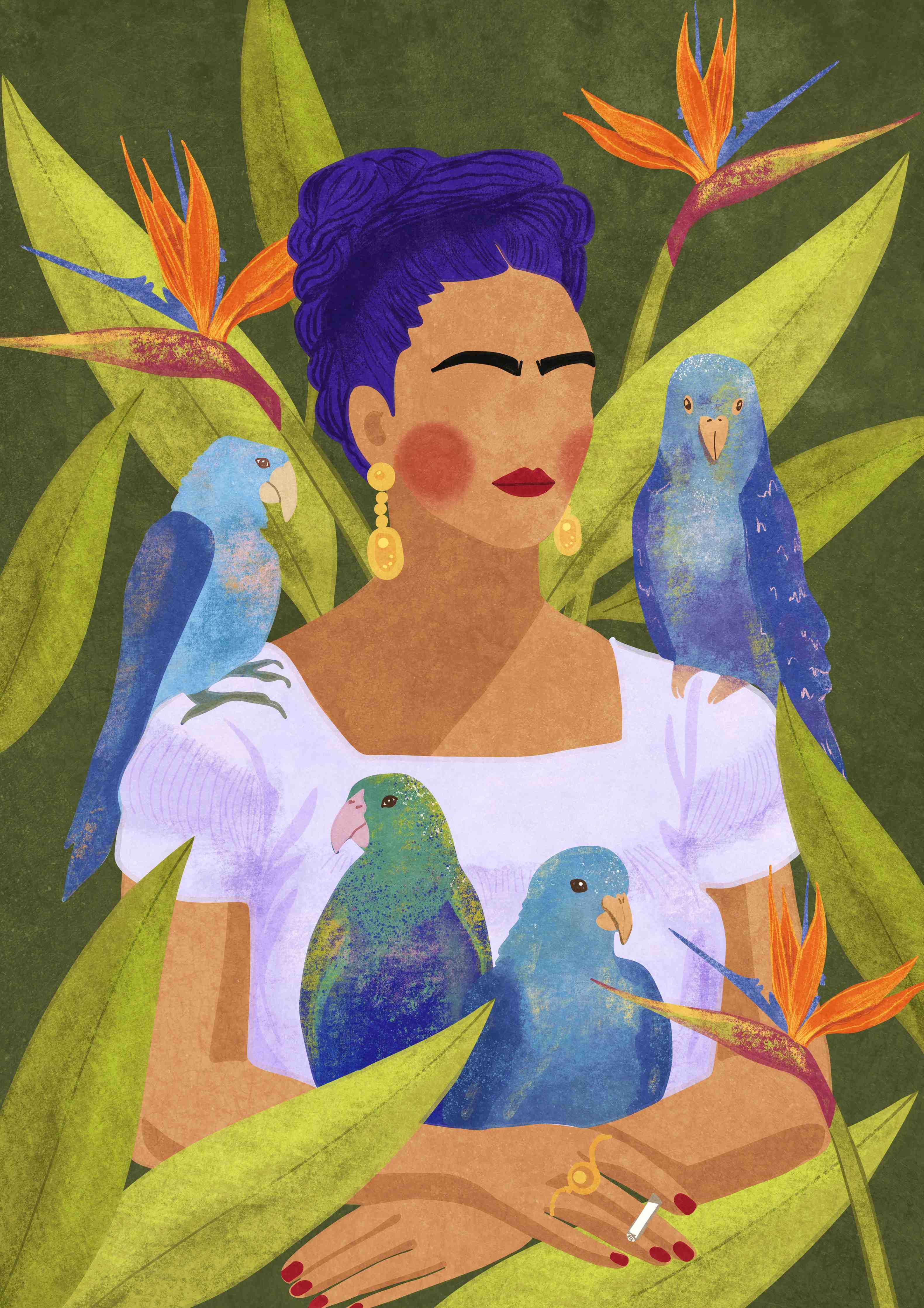 Große Wandbilder-Frida Kahlo inspirierte Portrait: Farbige Frauenfigur mit Papageien und Flora