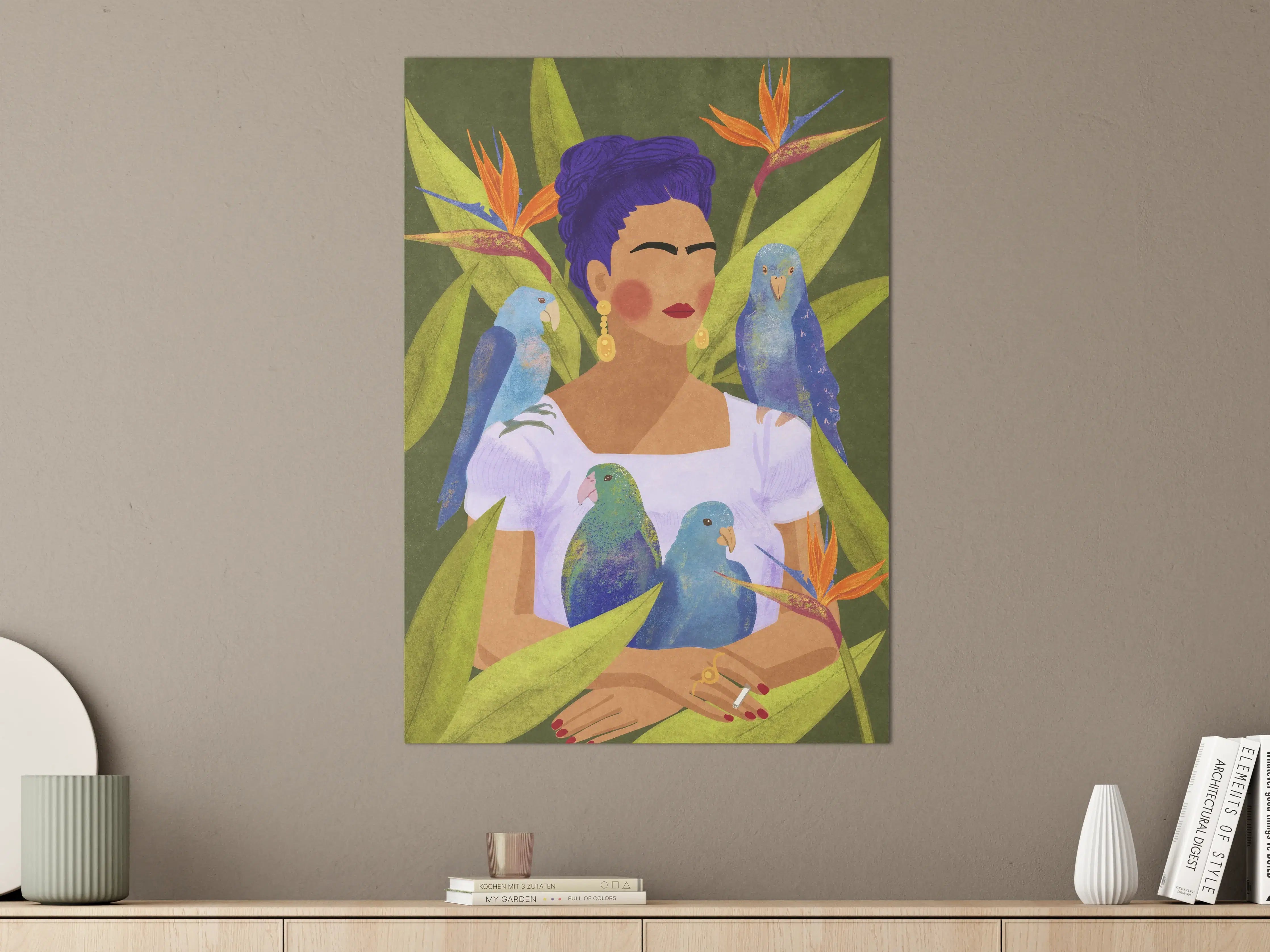 Große Wandbilder - Frida Kahlo inspirierte Portrait: Farbige Frauenfigur mit Papageien und Flora