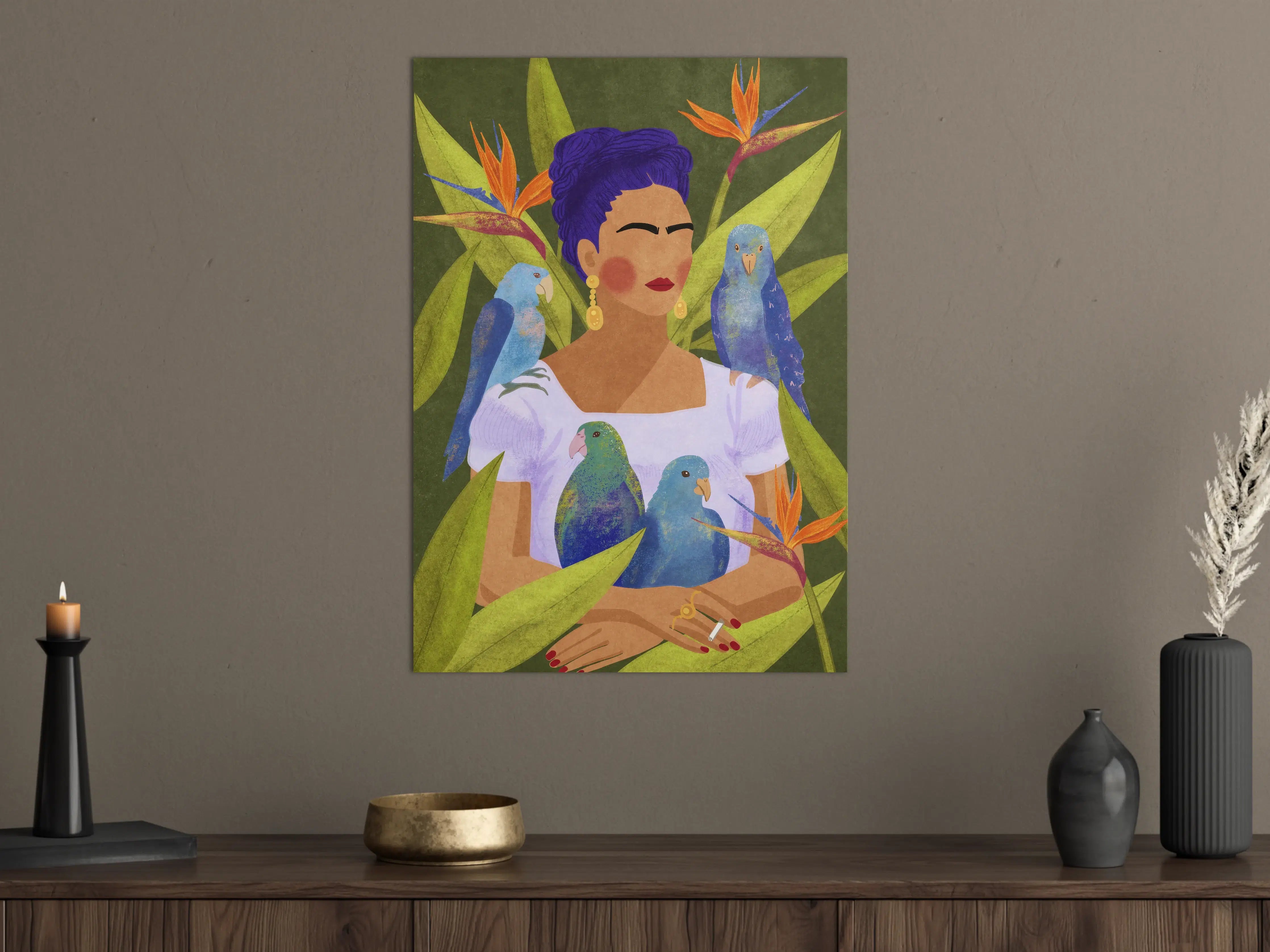 Große Wandbilder - Frida Kahlo inspirierte Portrait: Farbige Frauenfigur mit Papageien und Flora