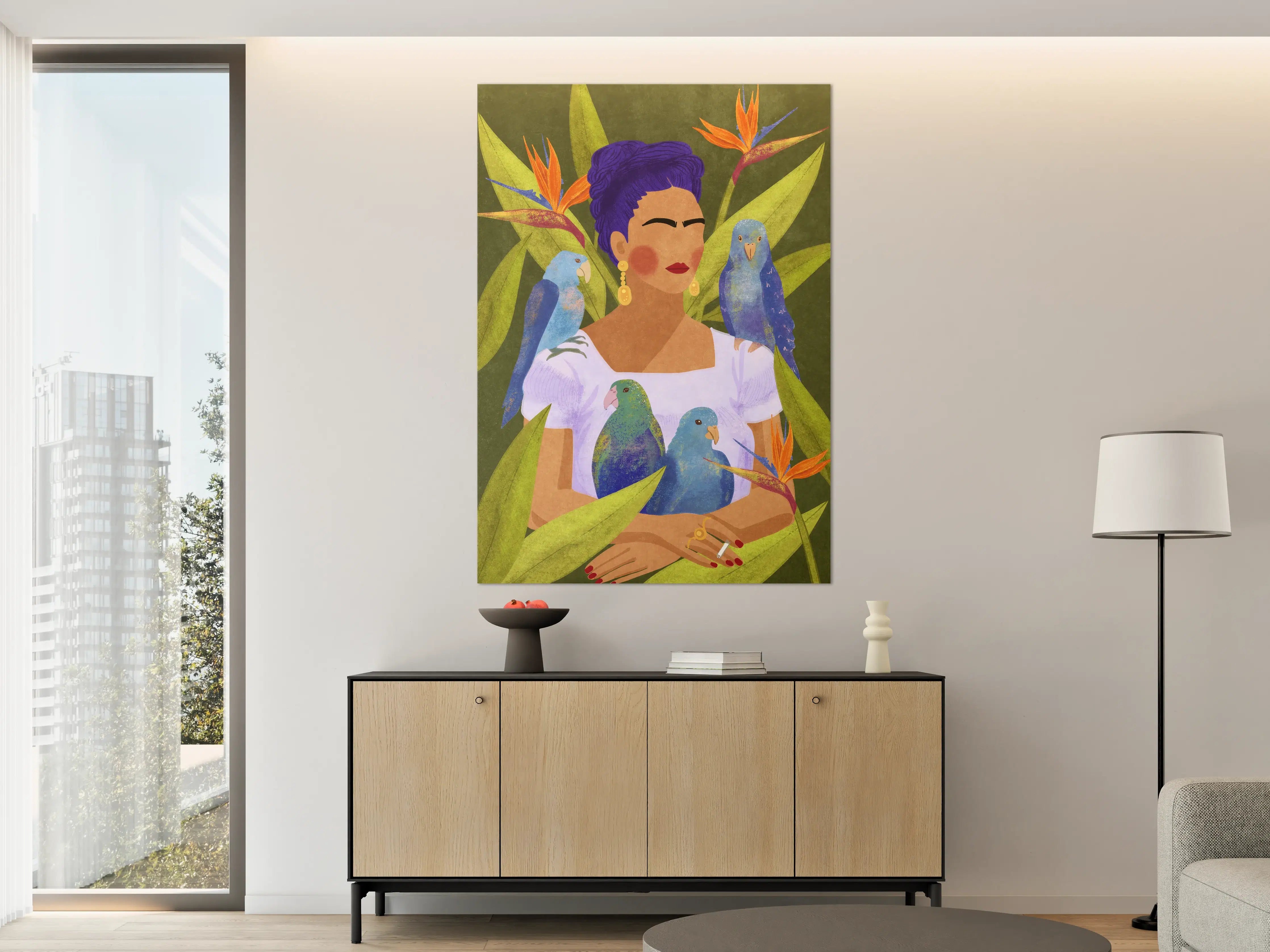 Große Wandbilder - Frida Kahlo inspirierte Portrait: Farbige Frauenfigur mit Papageien und Flora