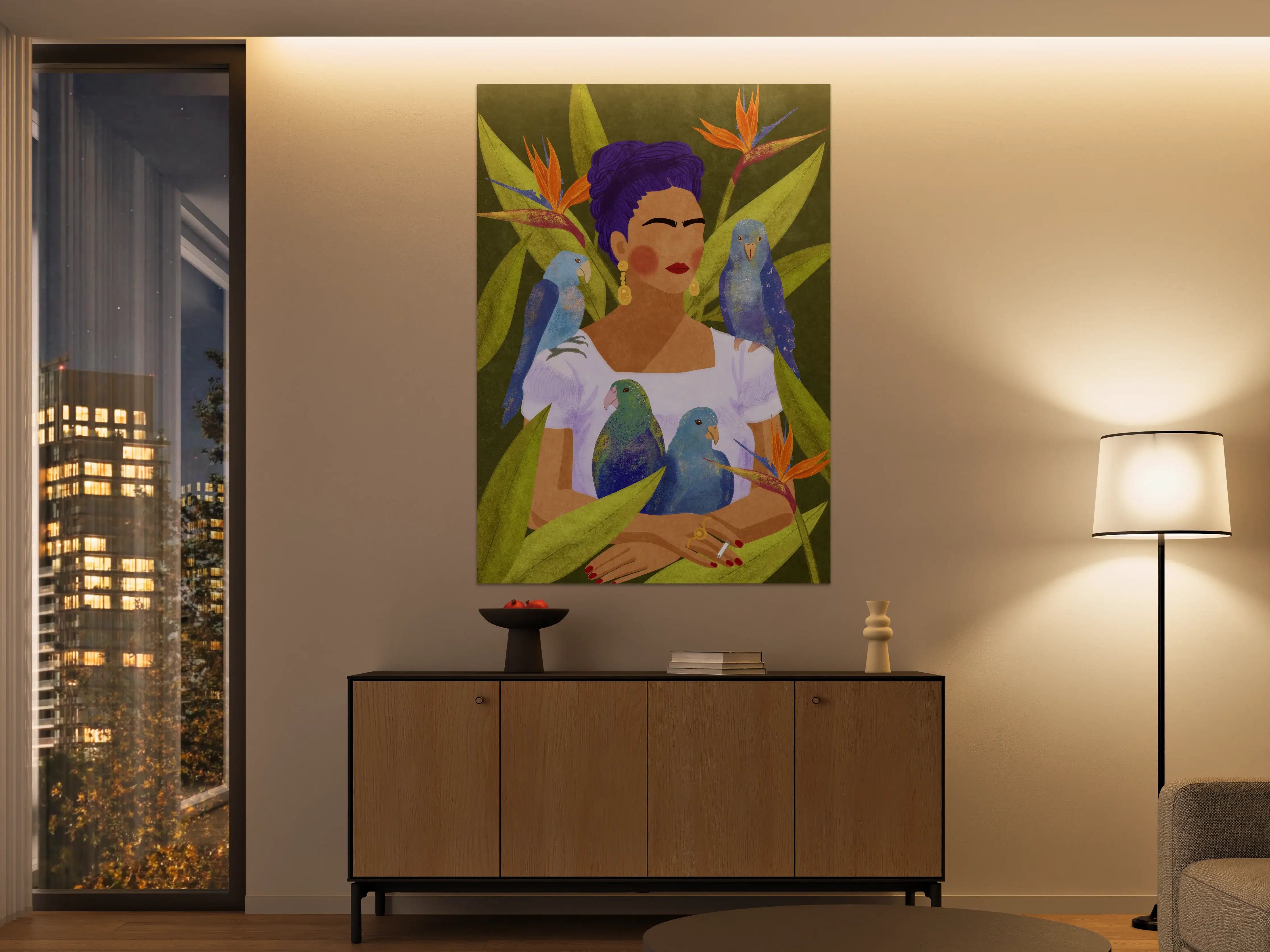 Große Wandbilder - Frida Kahlo inspirierte Portrait: Farbige Frauenfigur mit Papageien und Flora