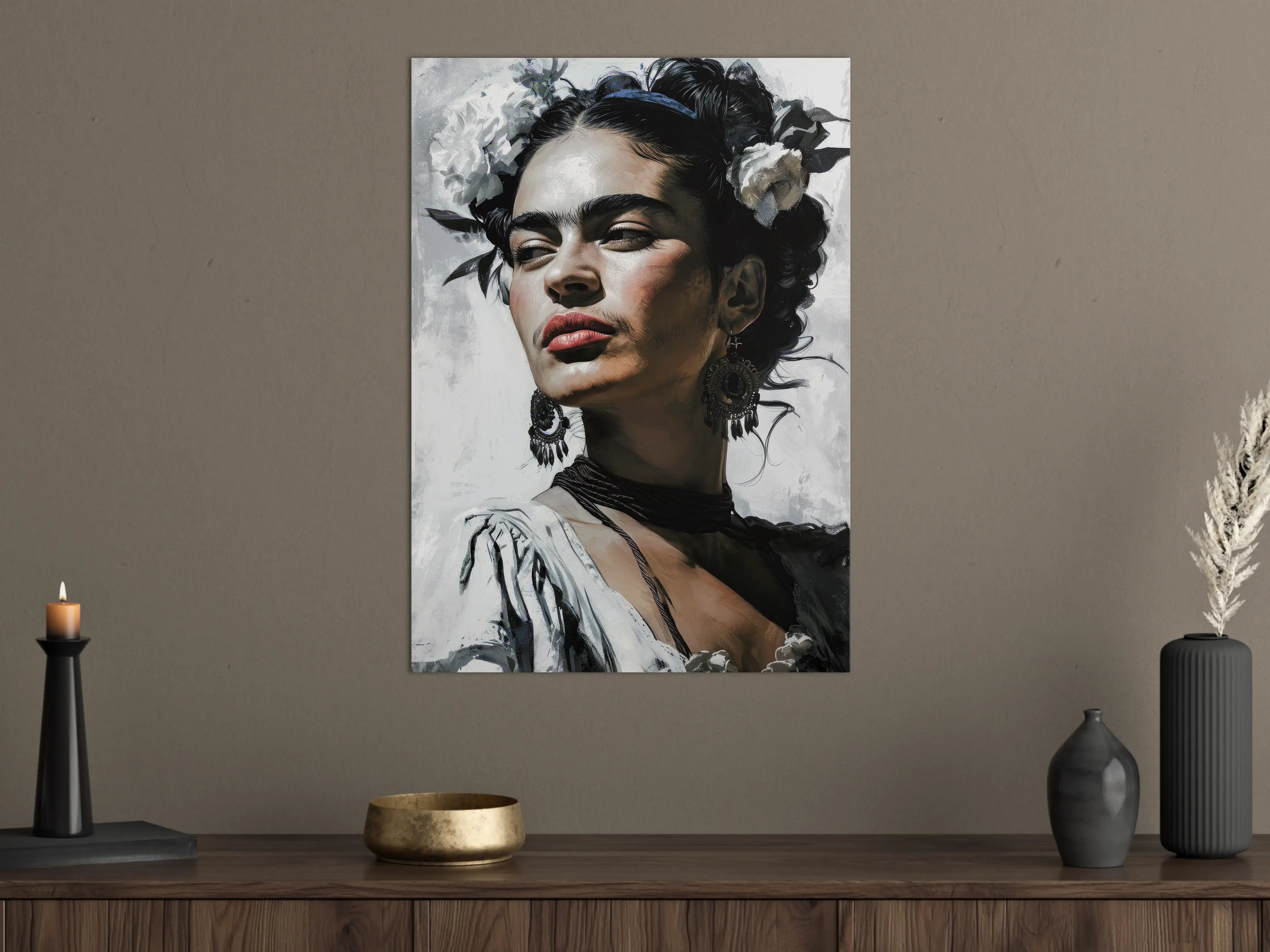 Große Wandbilder - Frida Kahlo inspiriertes Porträt mit Blumenkranz