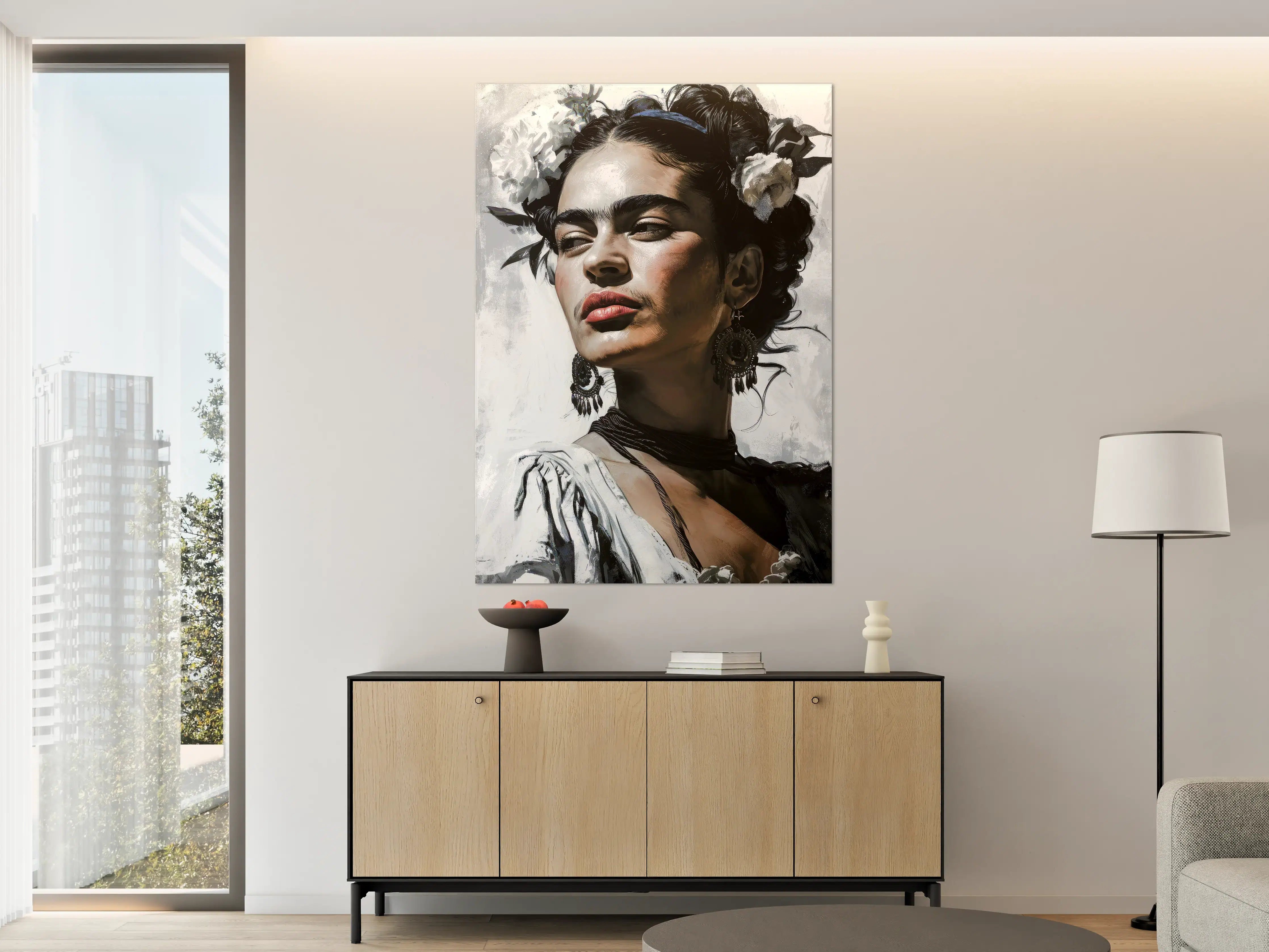 Große Wandbilder - Frida Kahlo inspiriertes Porträt mit Blumenkranz