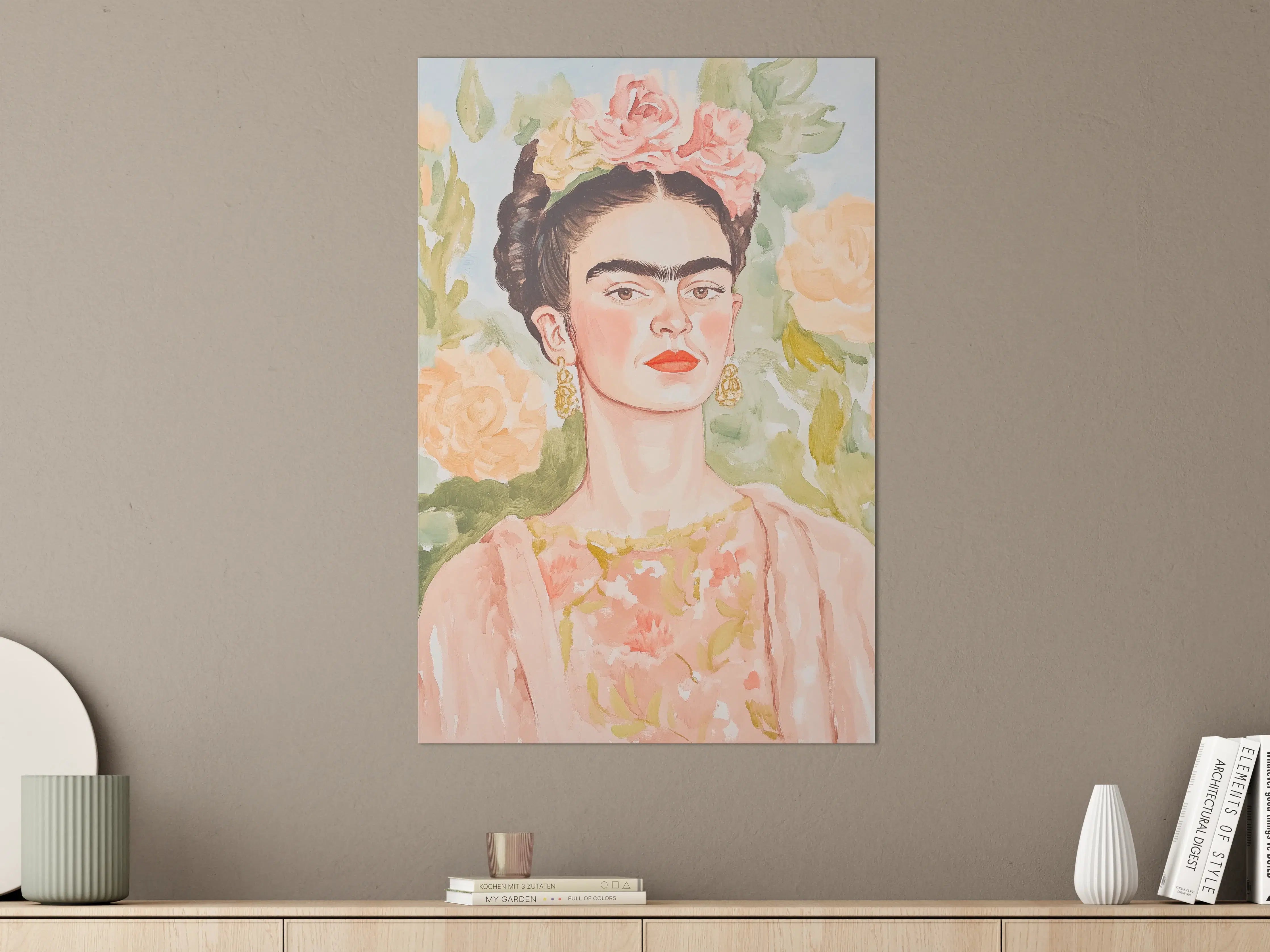 Große Wandbilder - Frida Kahlo inspiriertes Porträt mit Blumenkrönchen