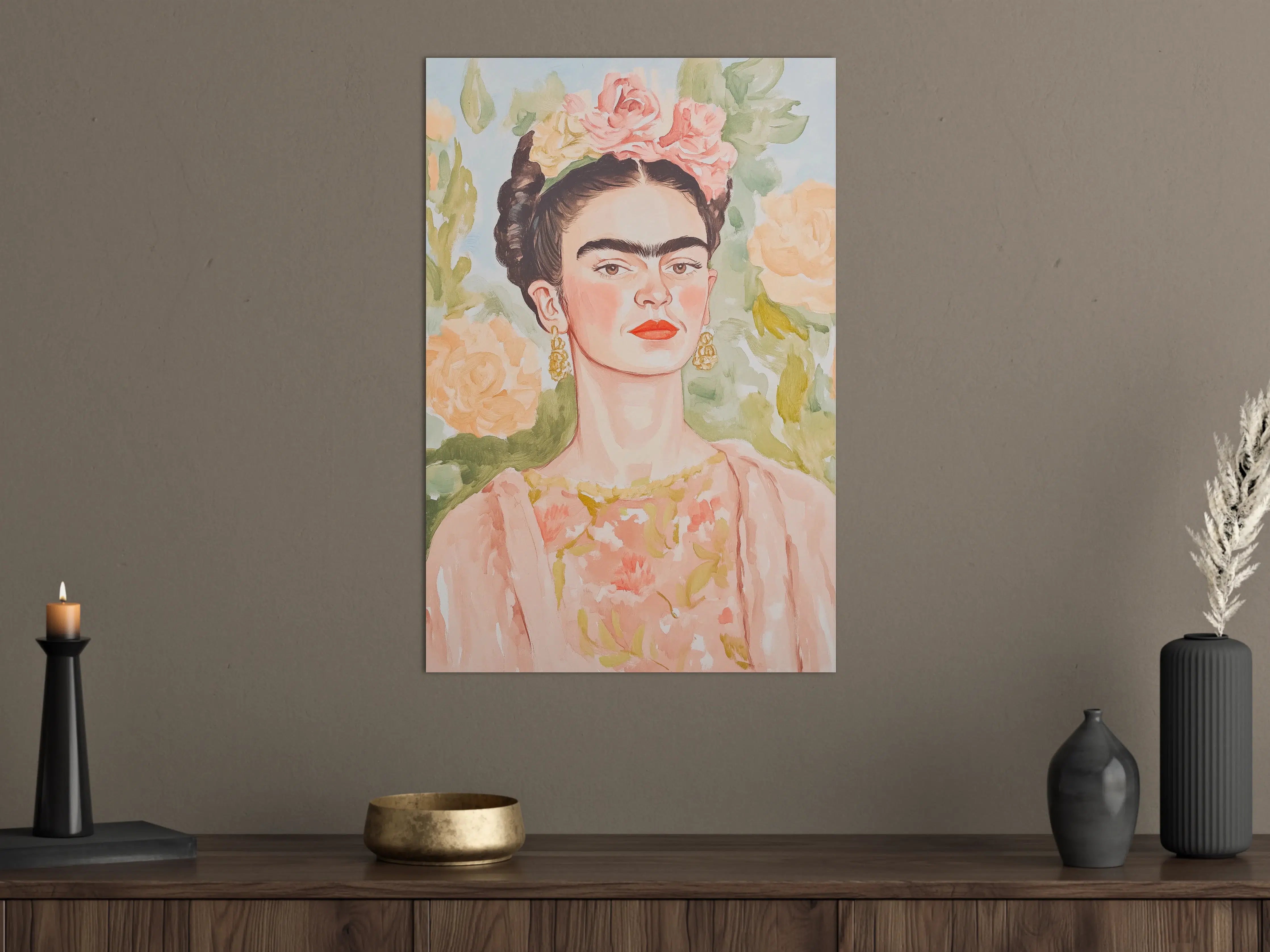 Große Wandbilder - Frida Kahlo inspiriertes Porträt mit Blumenkrönchen