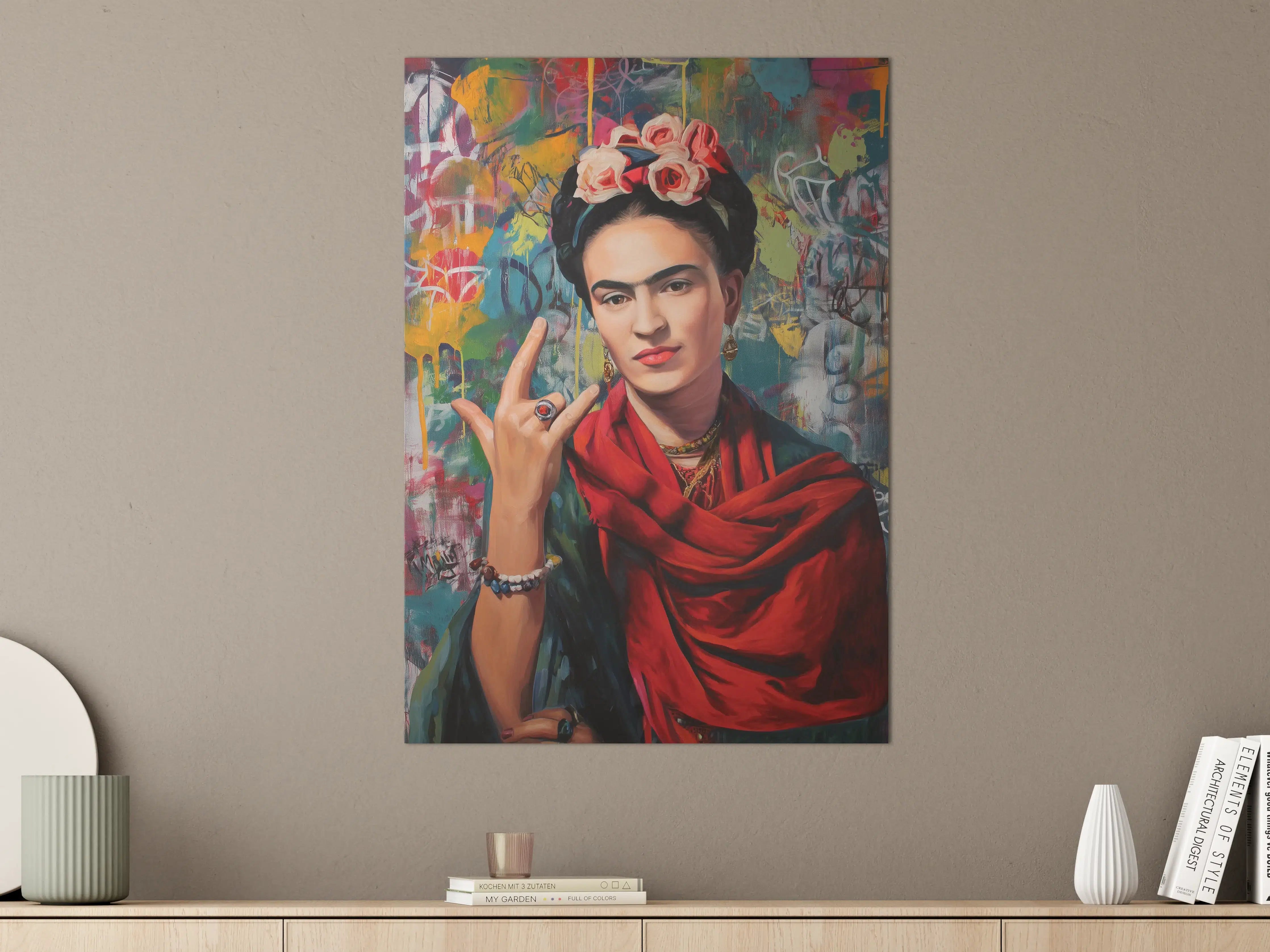 Große Wandbilder - Frida Kahlo inspiriertes Porträt mit farbenfrohem Hintergrund