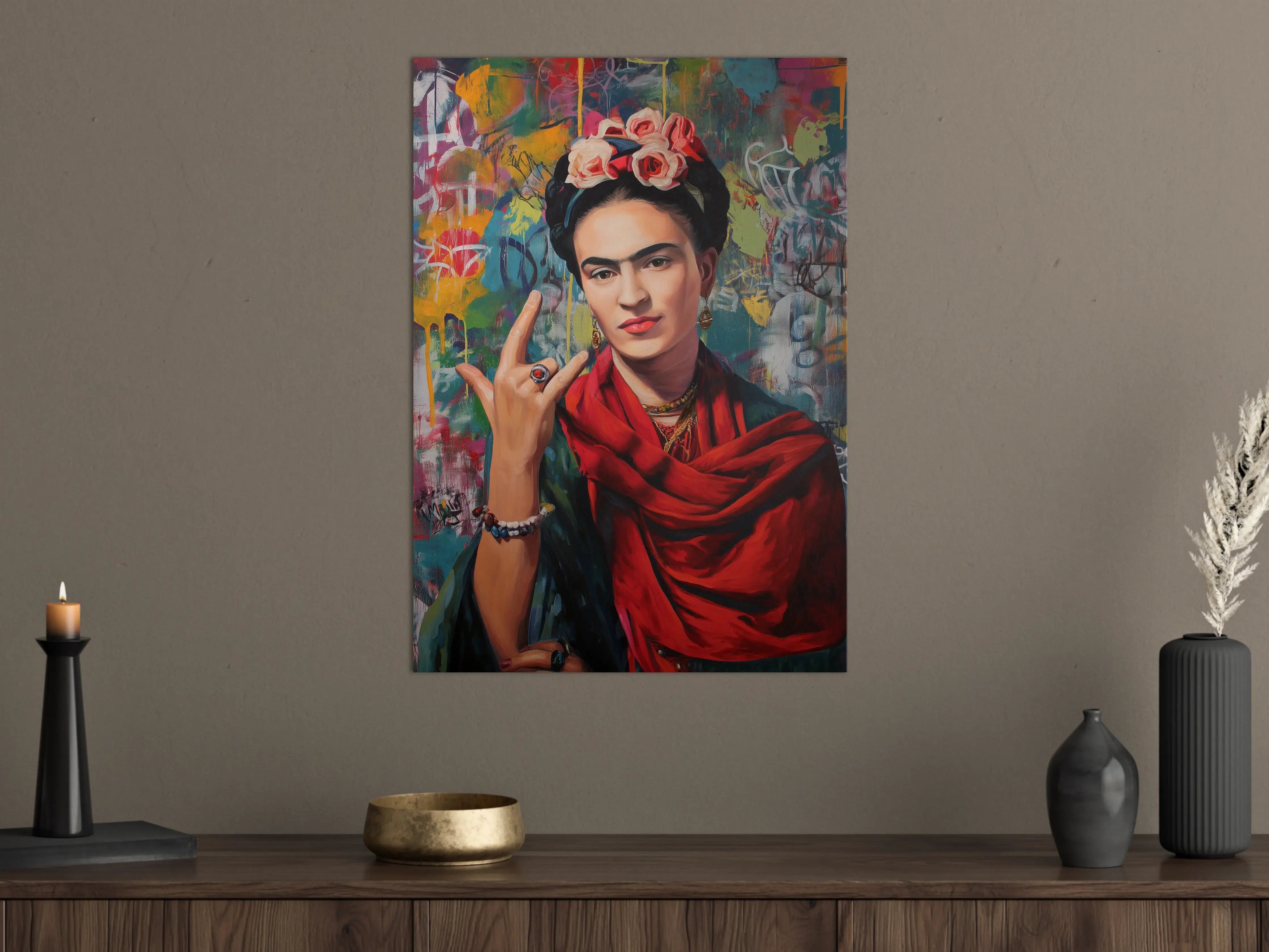 Große Wandbilder - Frida Kahlo inspiriertes Porträt mit farbenfrohem Hintergrund
