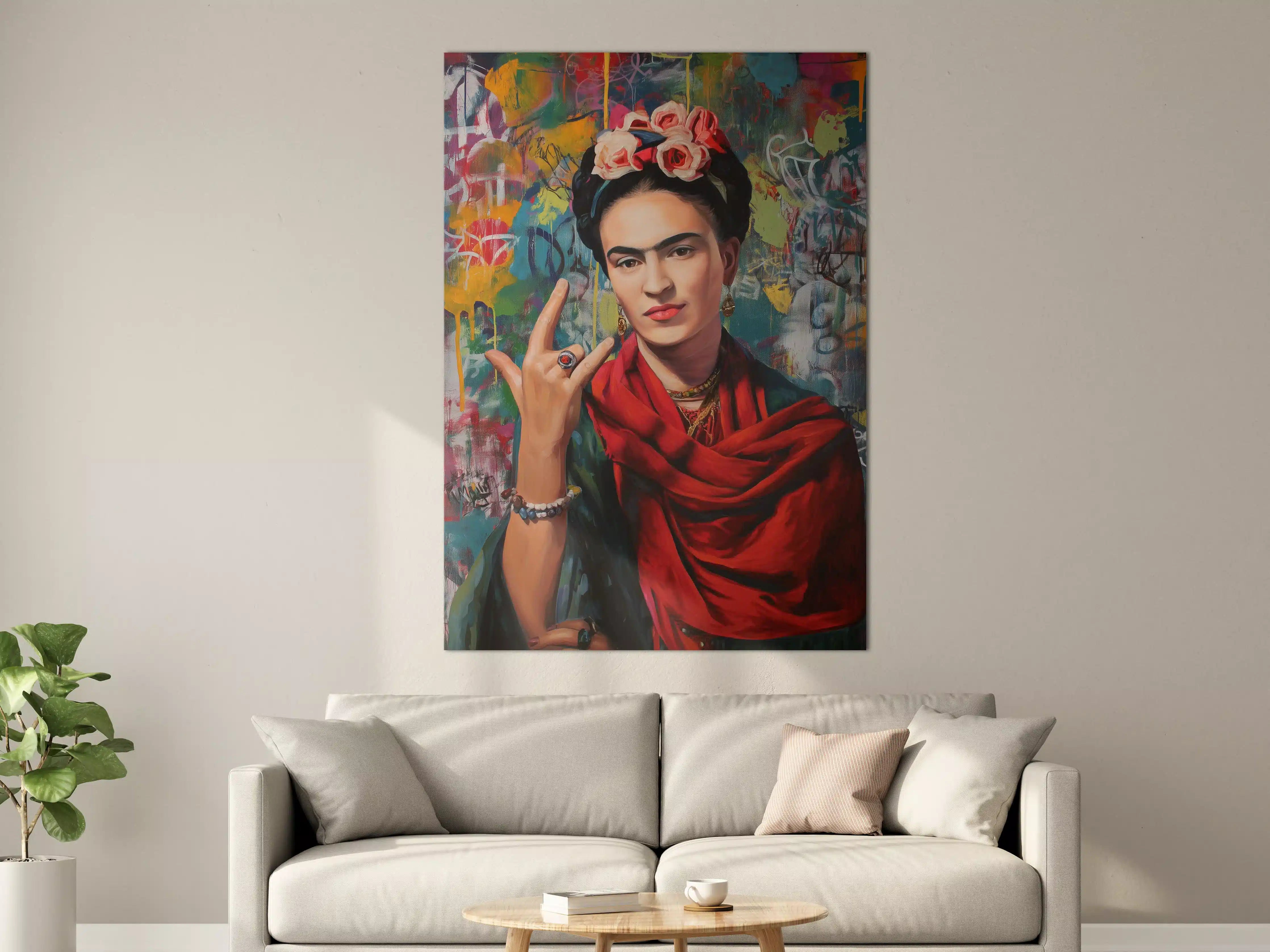 Große Wandbilder - Frida Kahlo inspiriertes Porträt mit farbenfrohem Hintergrund