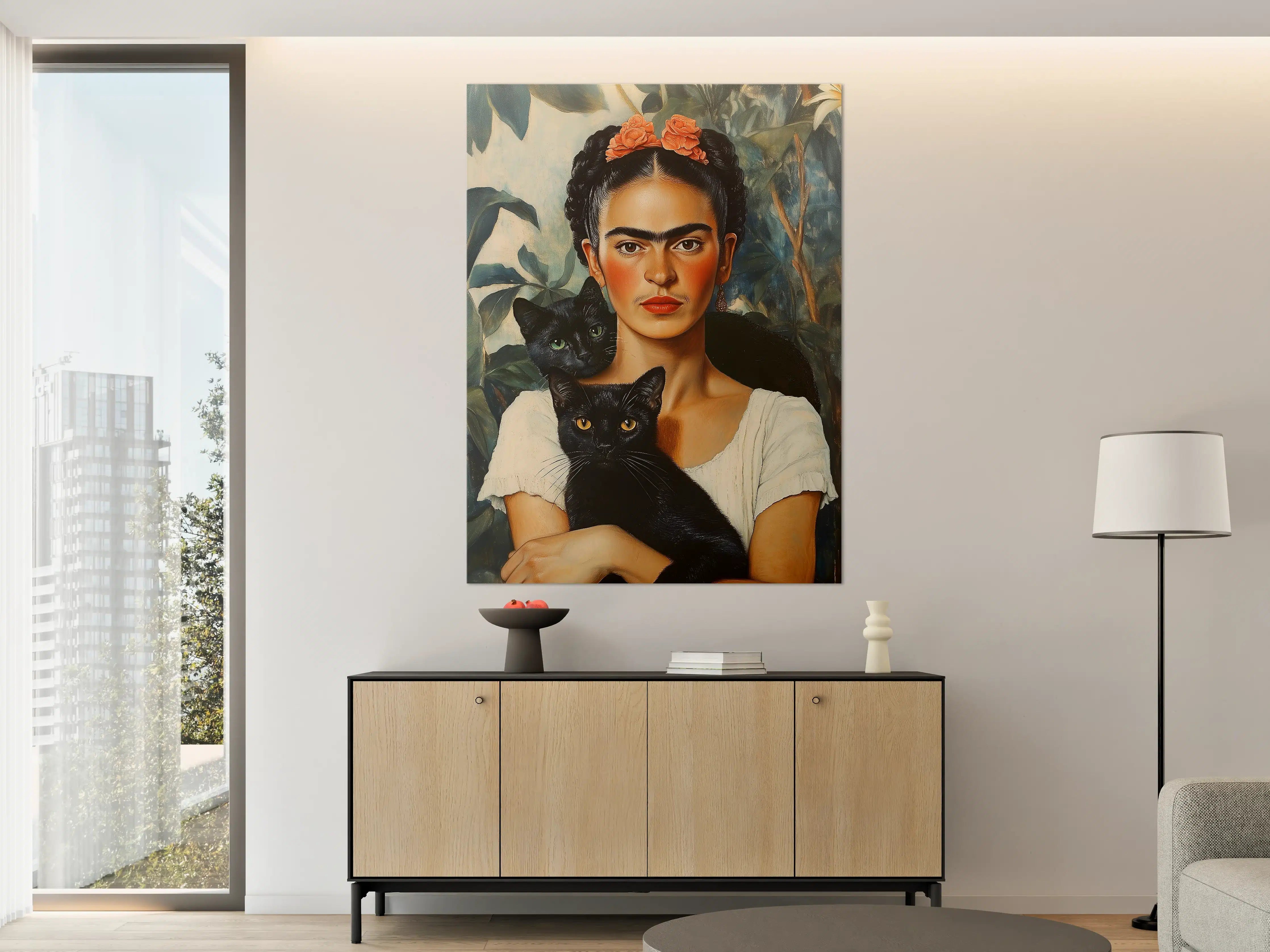 Große Wandbilder - Frida Kahlo inspiriertes Porträt mit schwarzen Katzen