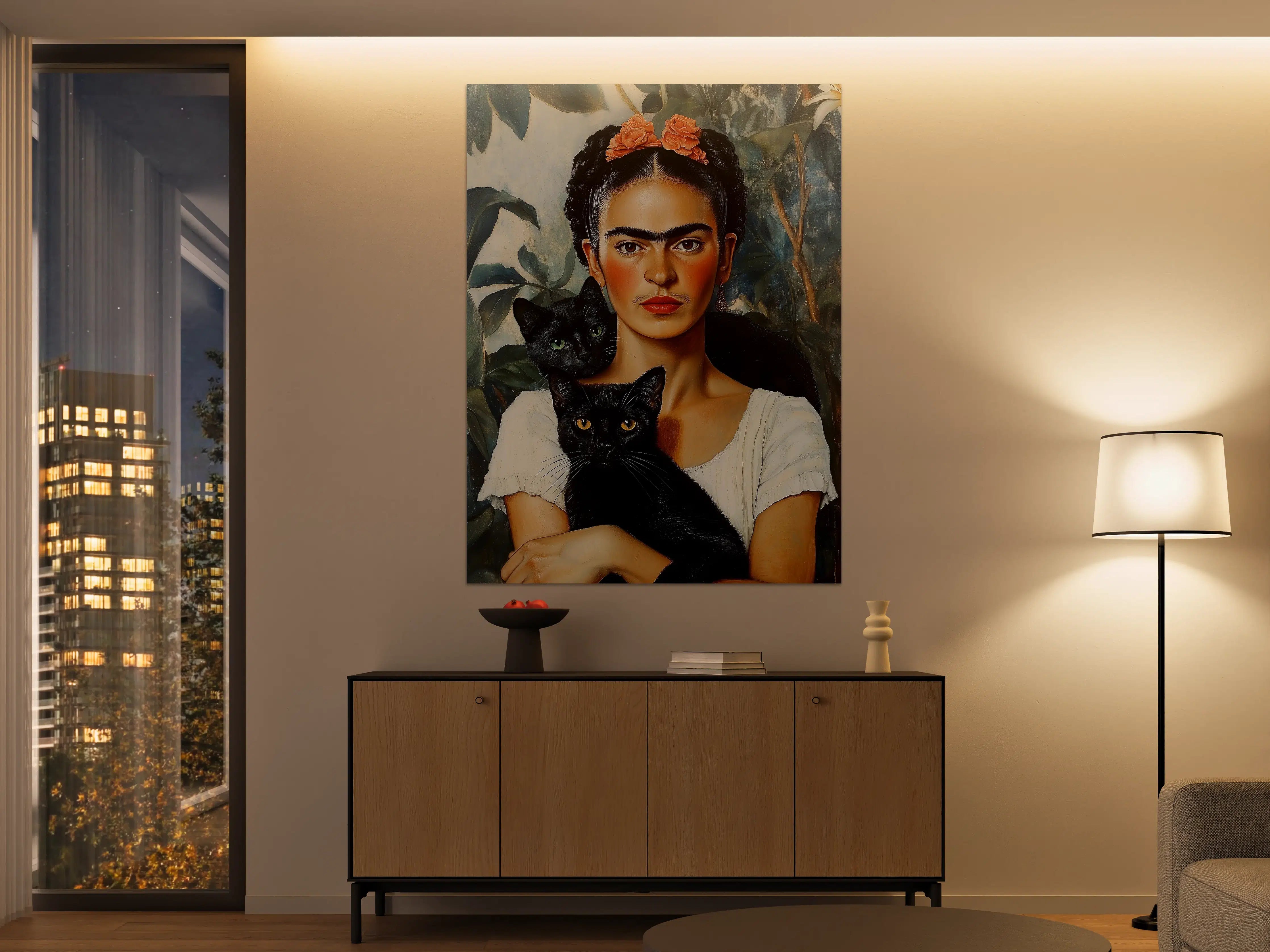 Große Wandbilder - Frida Kahlo inspiriertes Porträt mit schwarzen Katzen