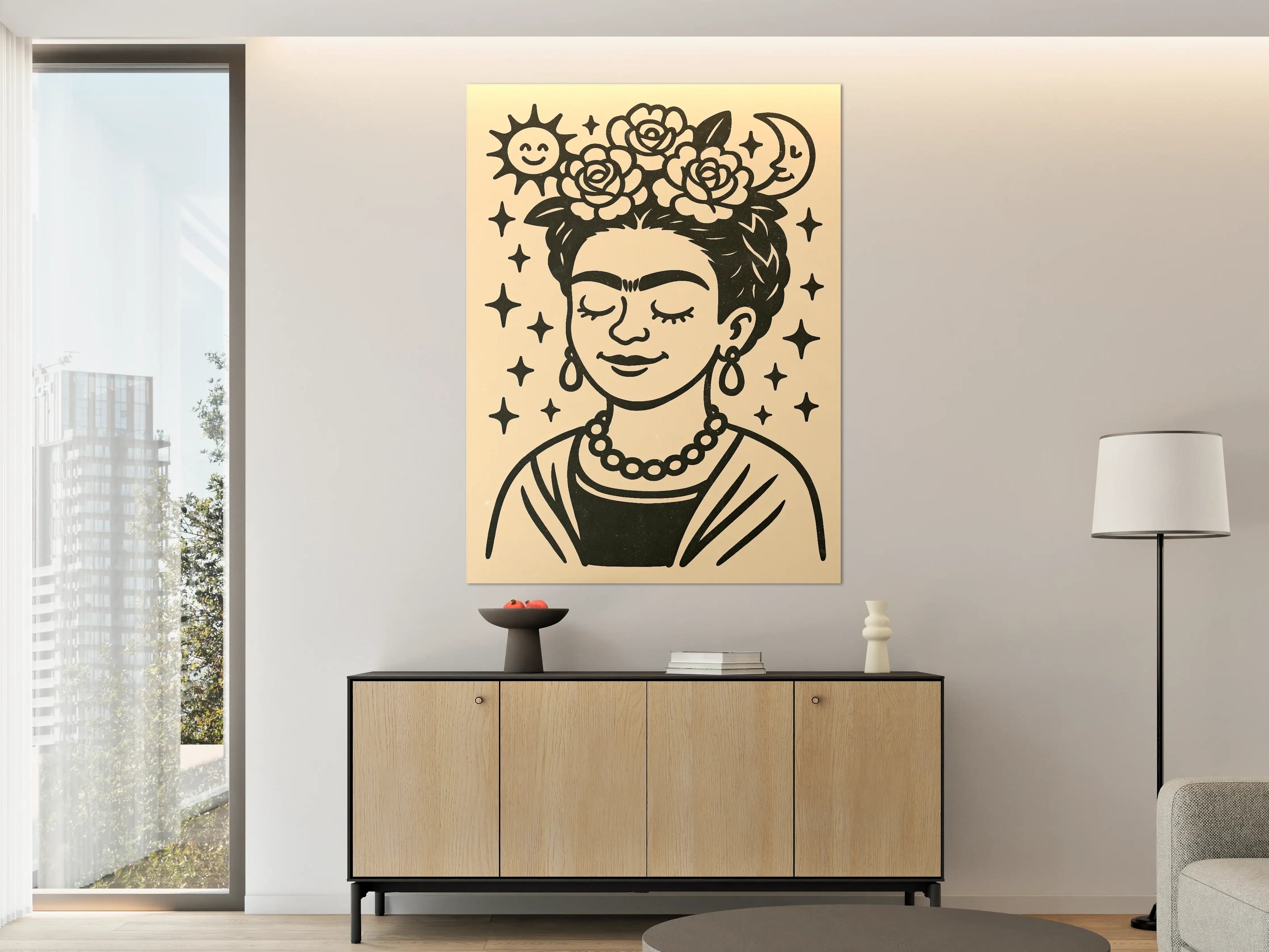 Große Wandbilder - Frida Kahlo inspiriertes Wandbild mit Blumenkranz
