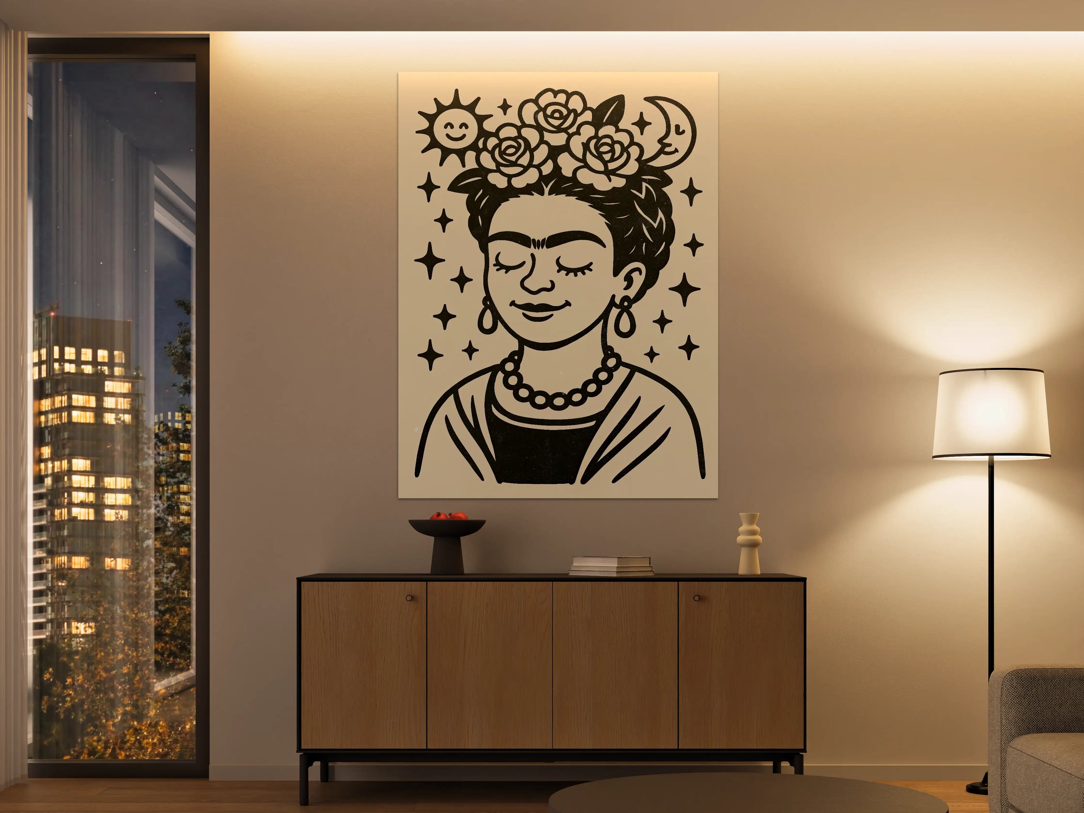 Große Wandbilder - Frida Kahlo inspiriertes Wandbild mit Blumenkranz