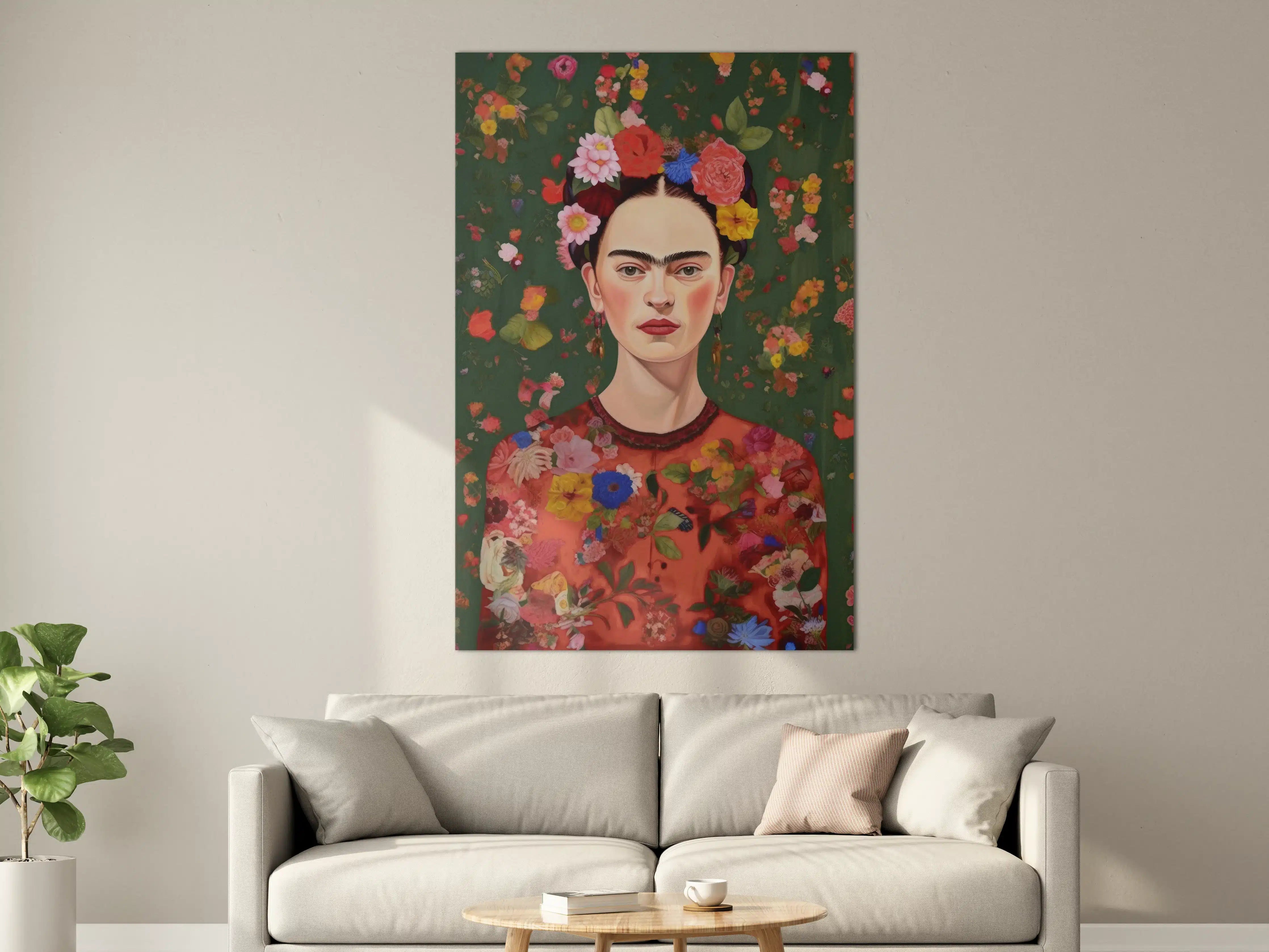 Große Wandbilder - Frida Kahlo inspiriertes Wandbild mit buntem Blumenkranz