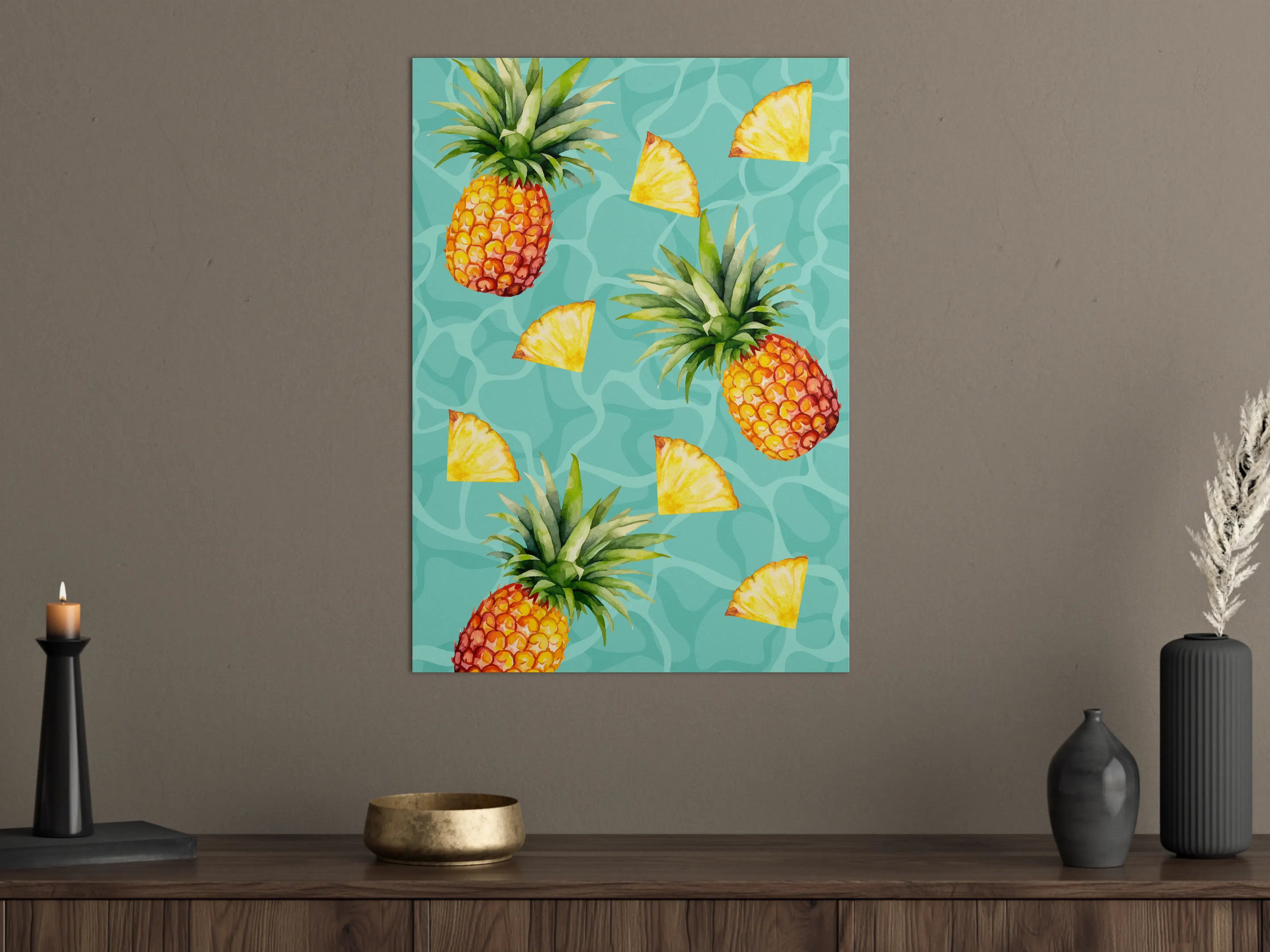 Große Wandbilder - Frische Ananas mit Ananasstücken auf Wassermuster-Hintergrund