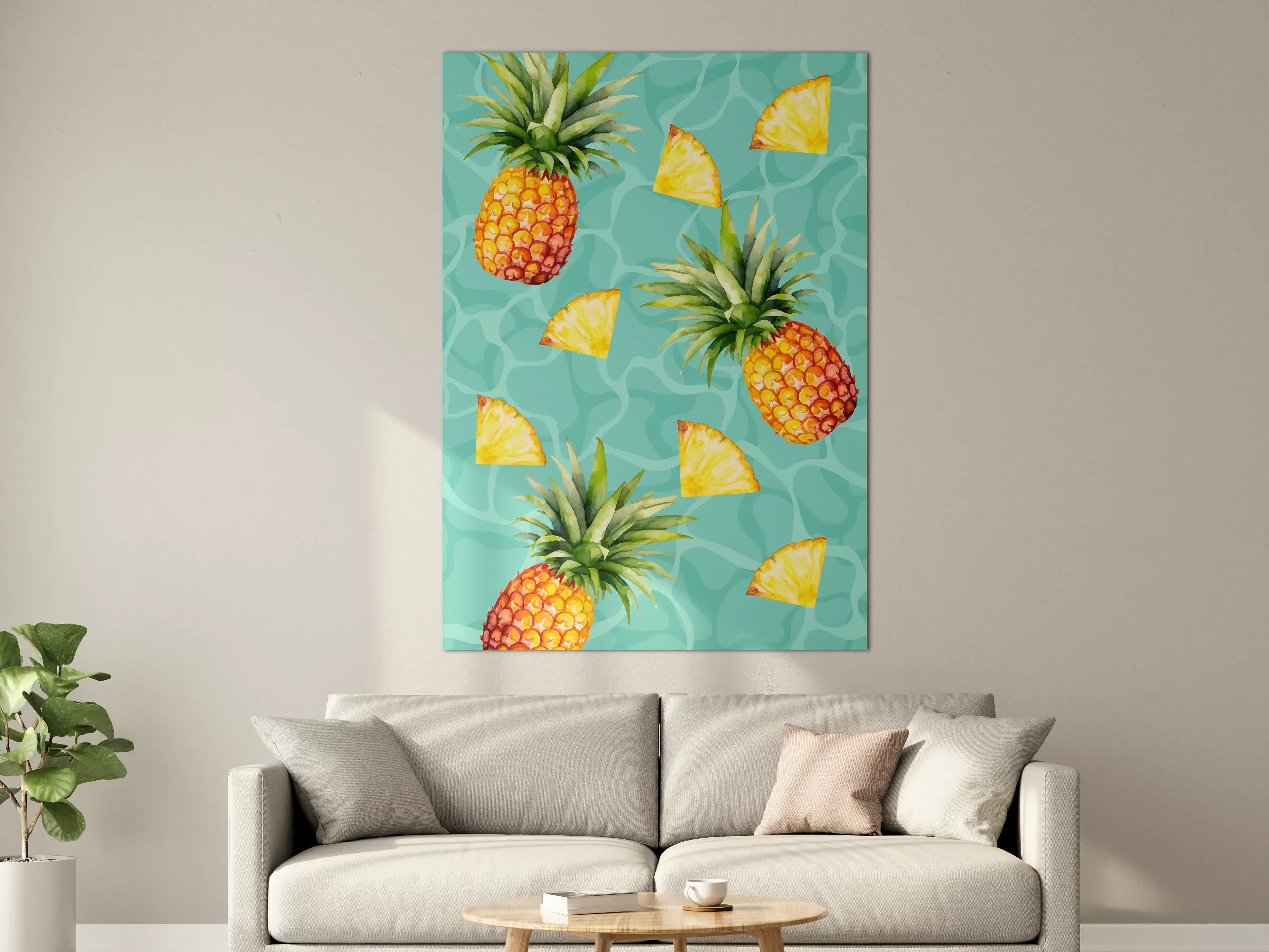 Große Wandbilder - Frische Ananas mit Ananasstücken auf Wassermuster-Hintergrund