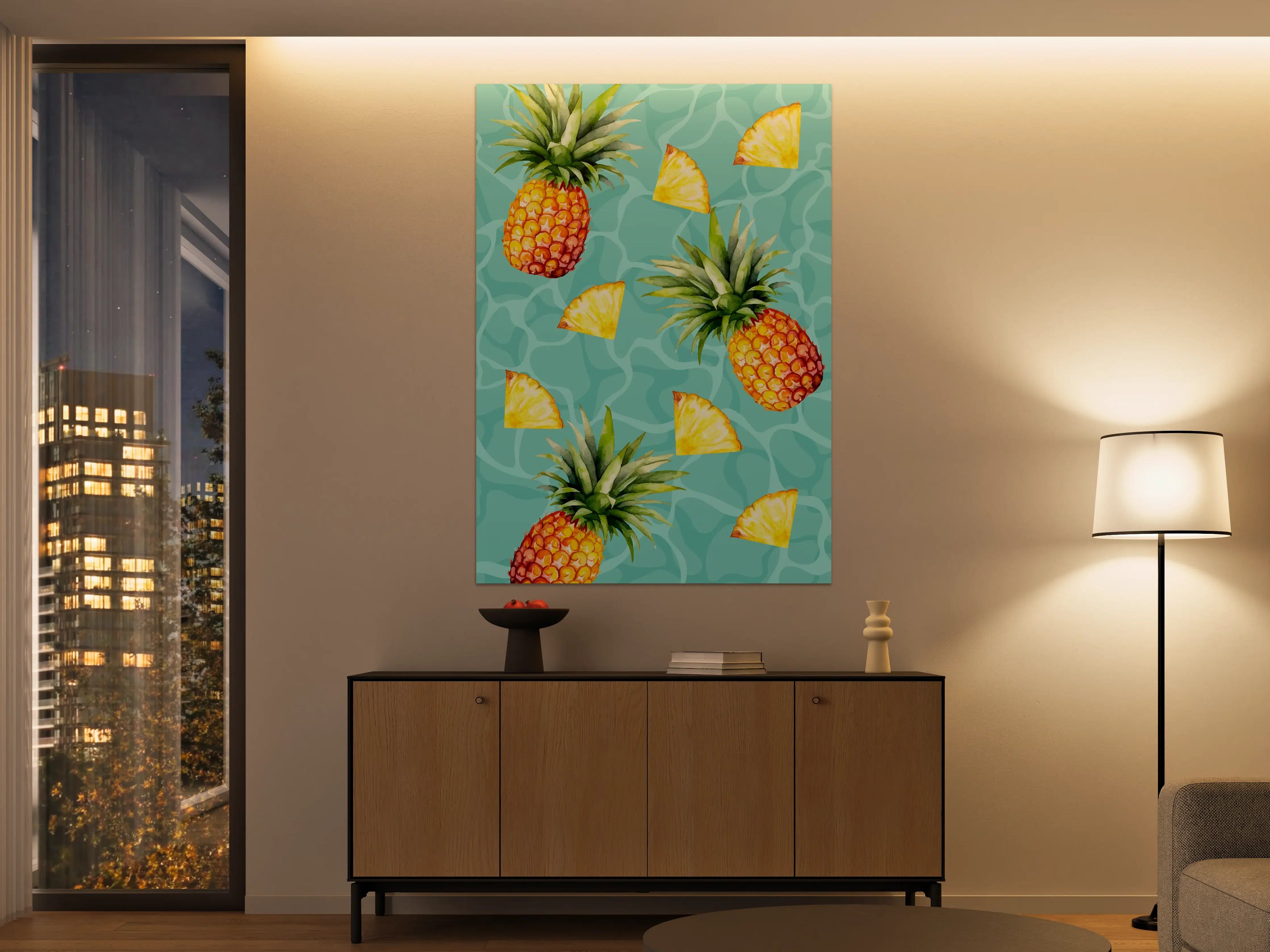 Große Wandbilder - Frische Ananas mit Ananasstücken auf Wassermuster-Hintergrund