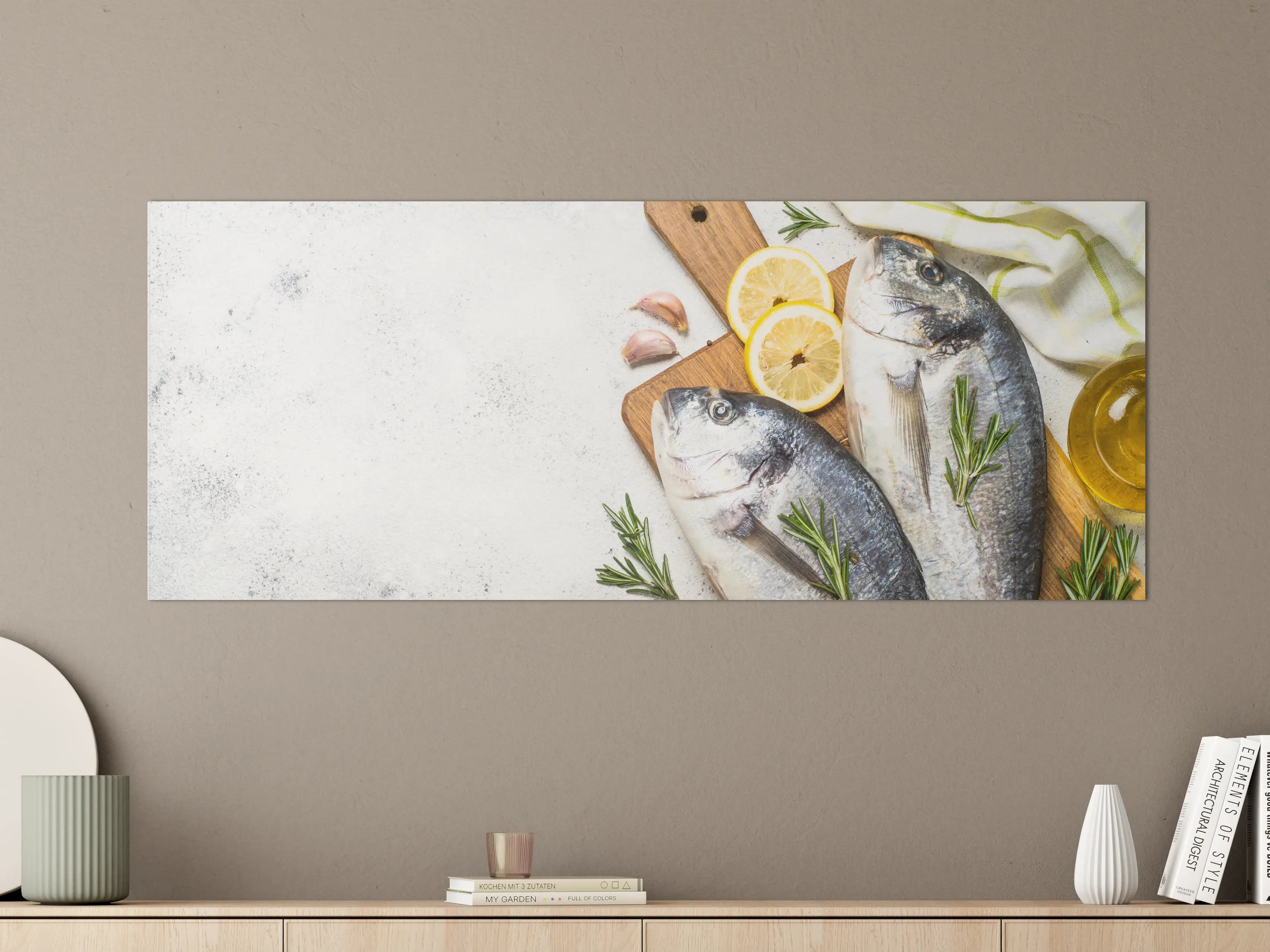 Große Wandbilder - Frischer Fisch mit Zitronen und Kräutern