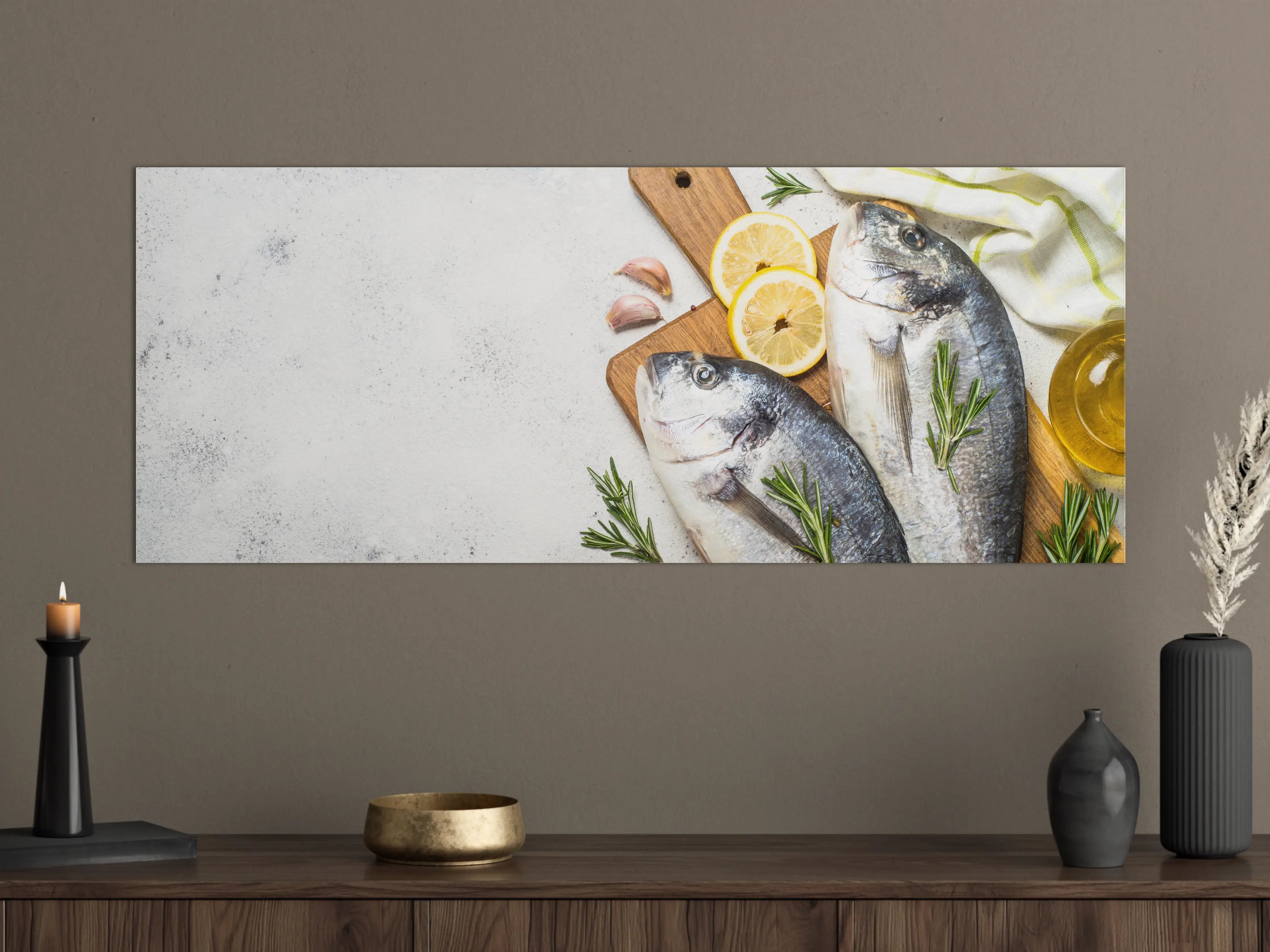 Große Wandbilder - Frischer Fisch mit Zitronen und Kräutern