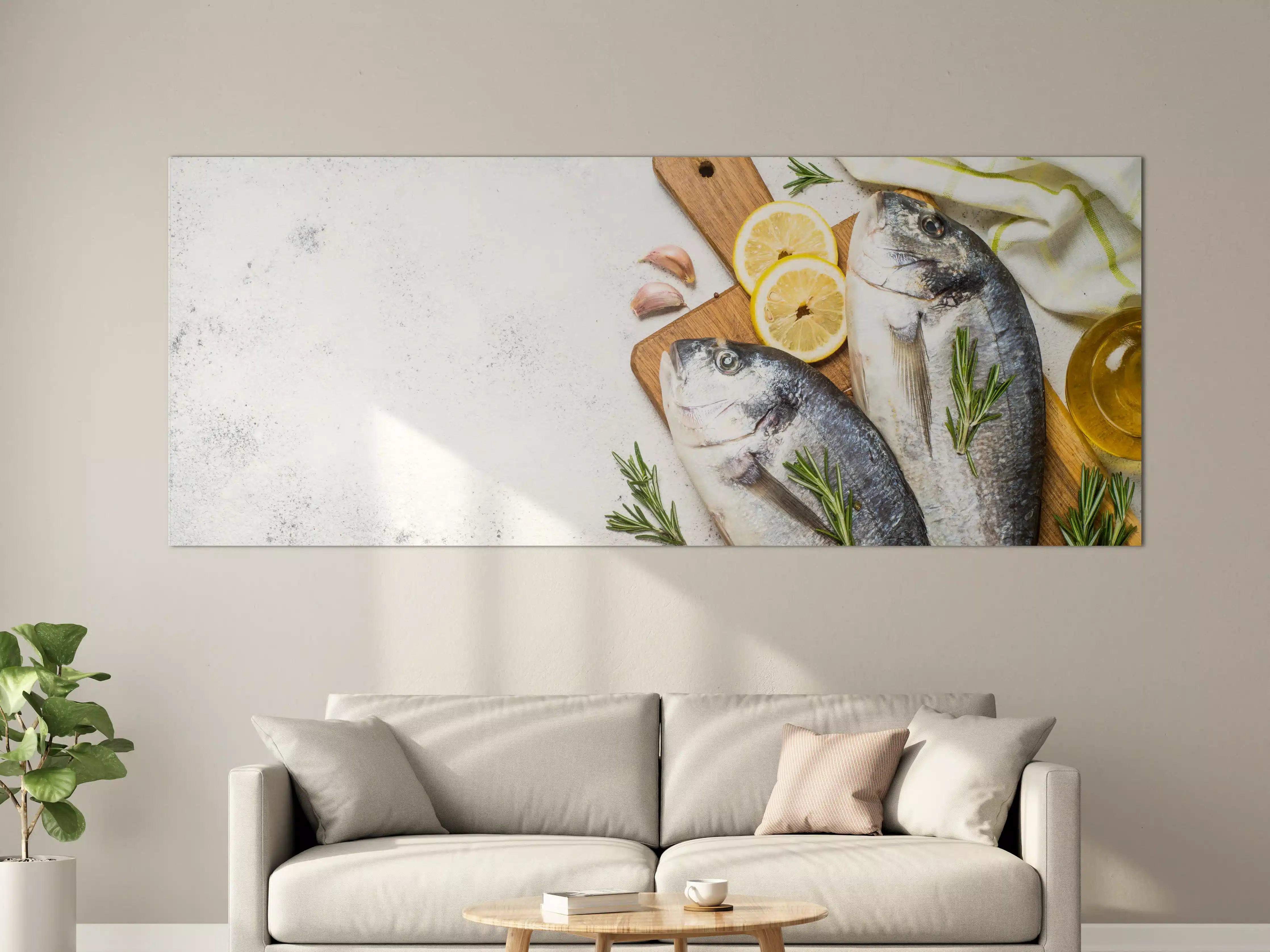 Große Wandbilder - Frischer Fisch mit Zitronen und Kräutern