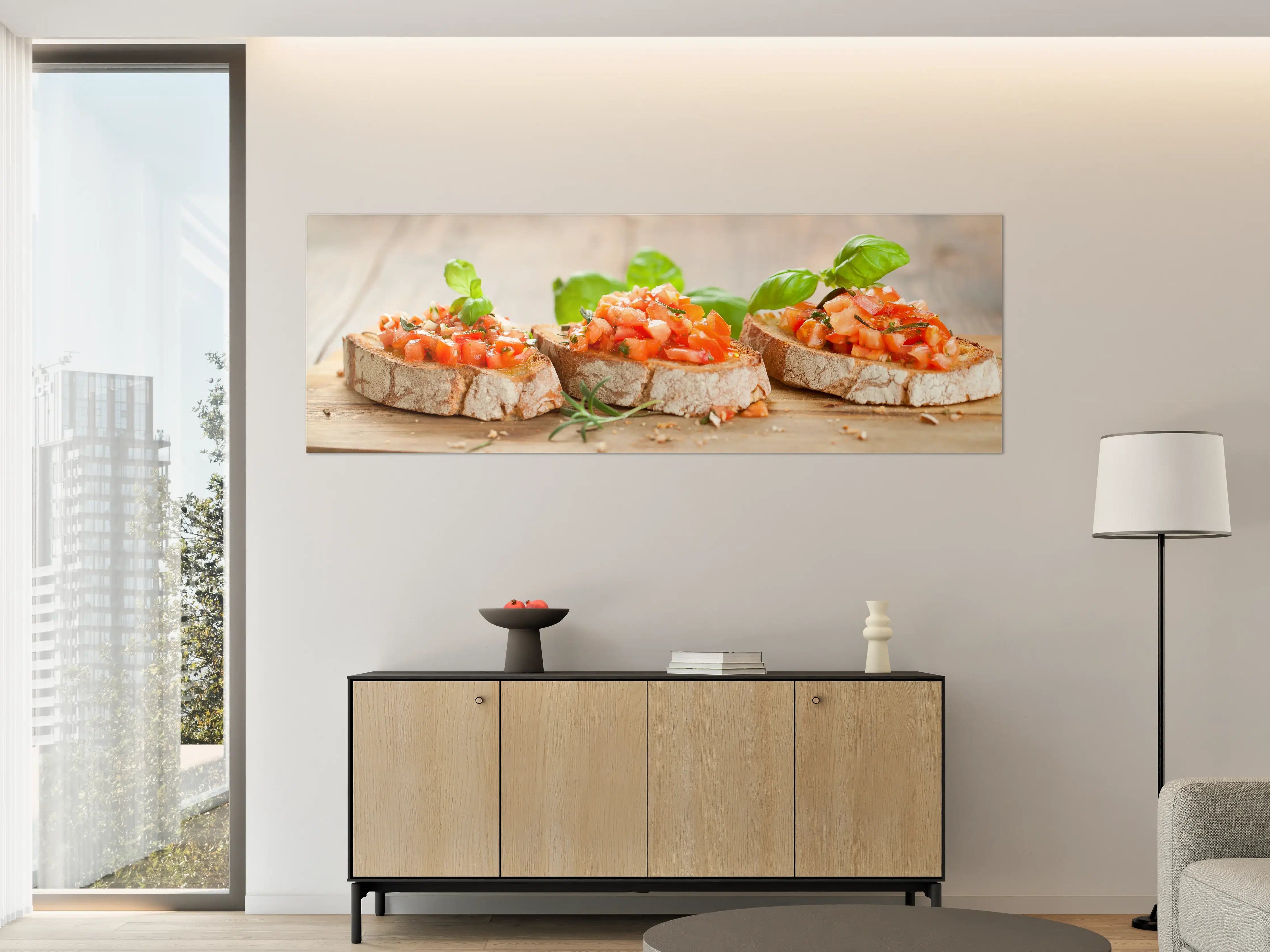 Große Wandbilder - Frisches Tomatenbrot mit Basilikum