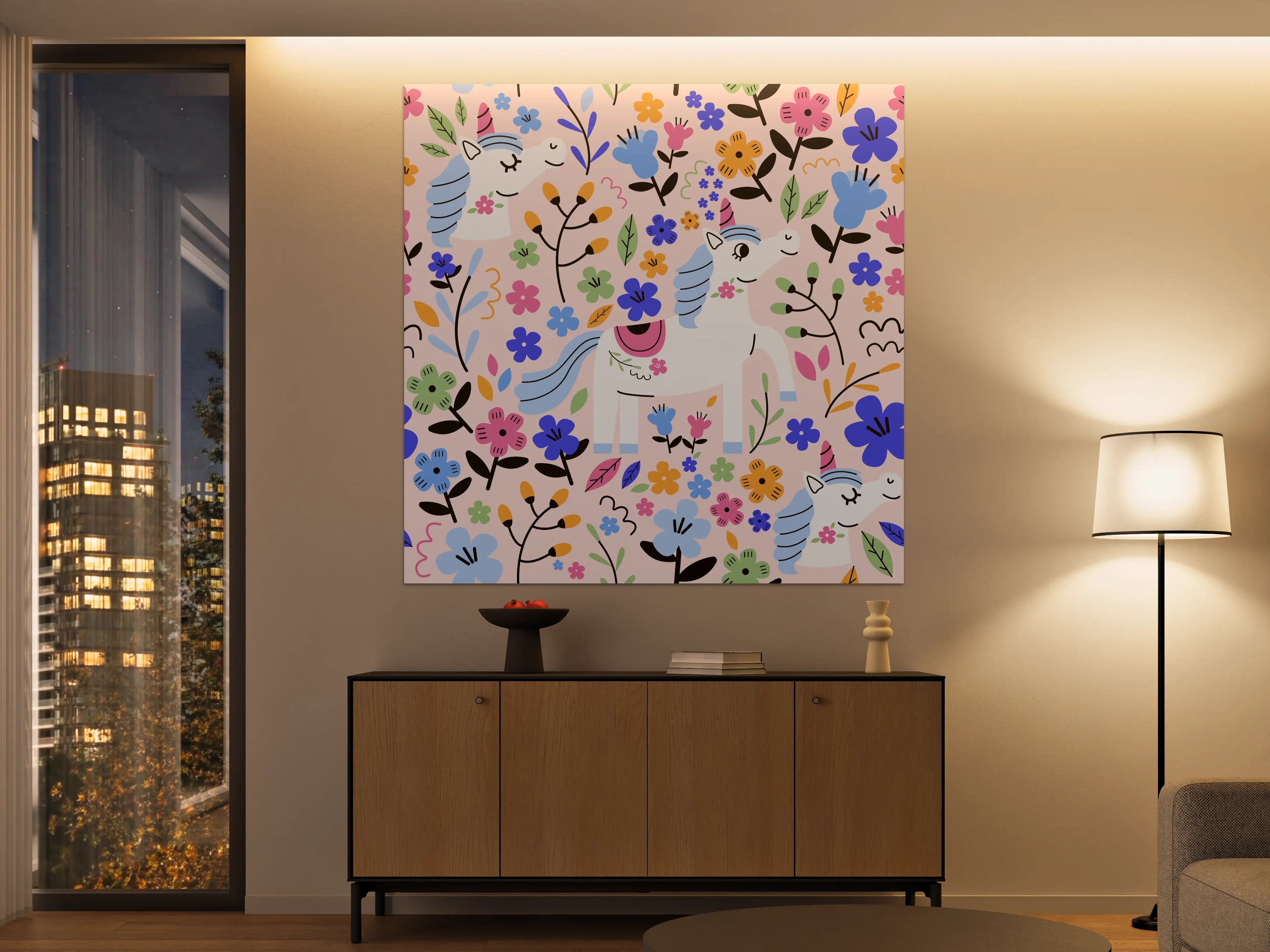 Große Wandbilder - Fröhliche Einhorn-Wanddekoration mit bunten Blumen