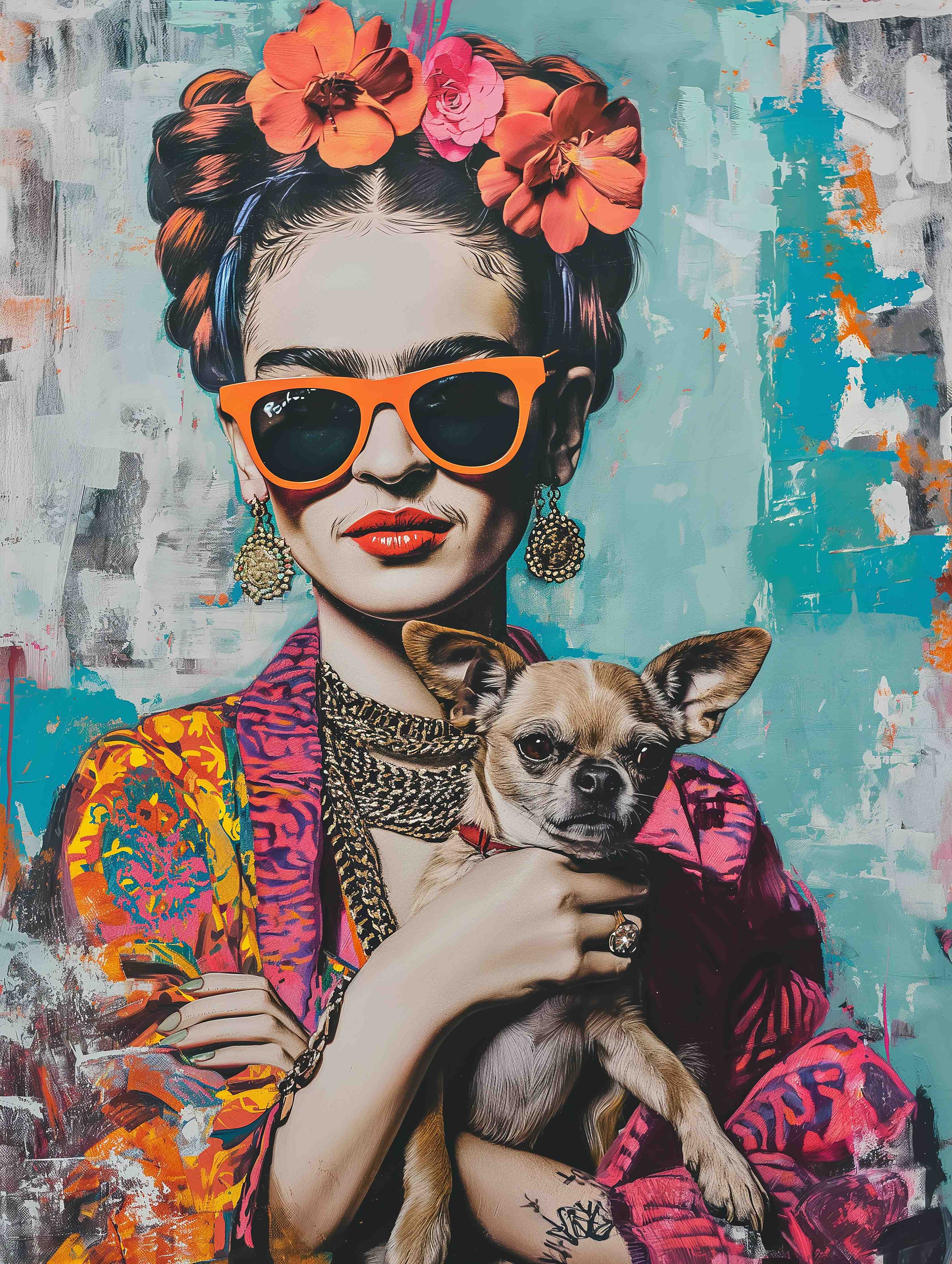 Große Wandbilder-Fröhliche Frau mit Hund im Streetstyle