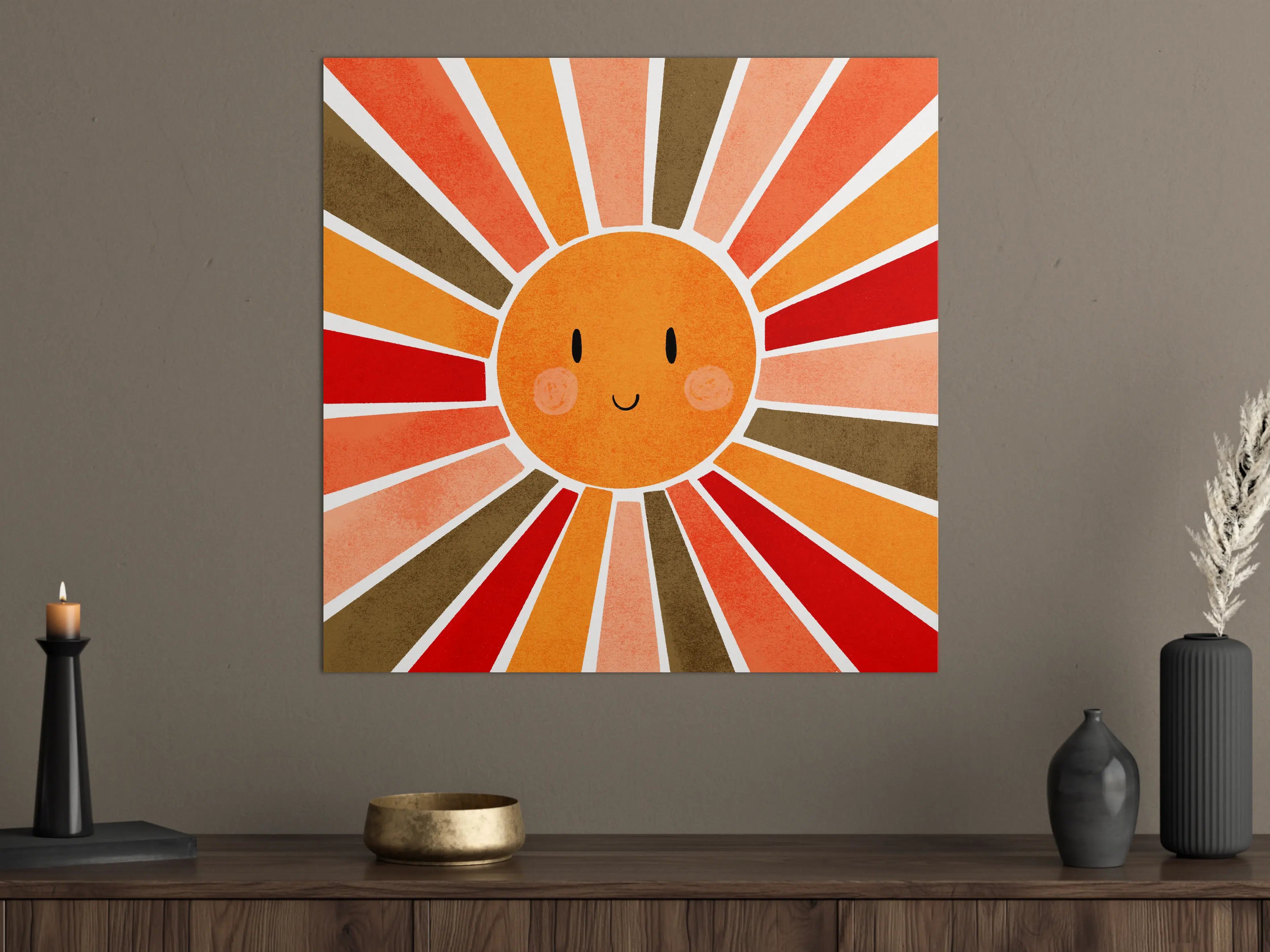 Große Wandbilder - Fröhliche Sonnengesicht-Illustration in warmen Tönen